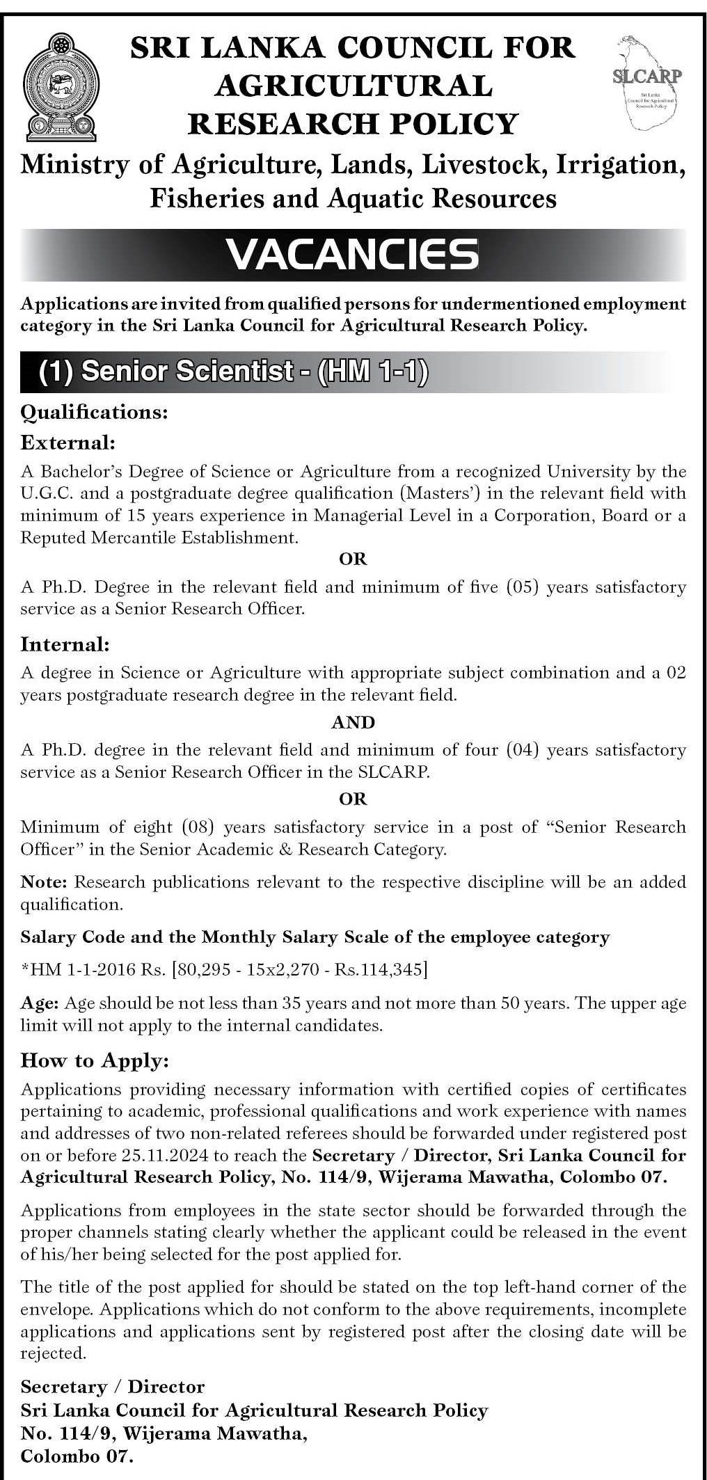Senior Scientist- Sri Lanka Council for Agricultural Research Policy