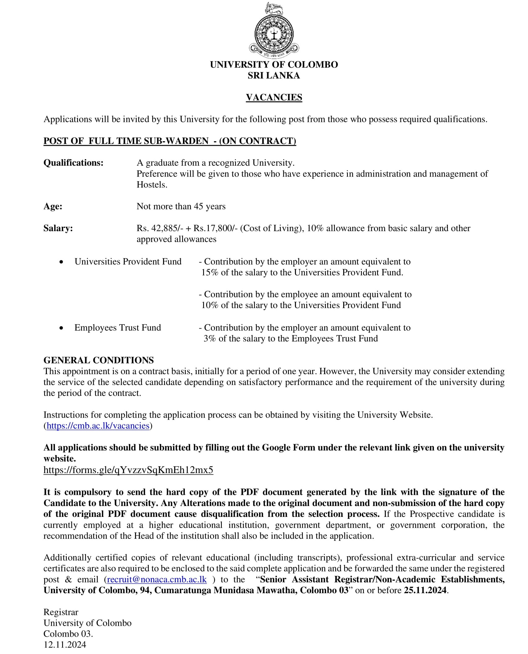 Sub-Warden - University of Colombo