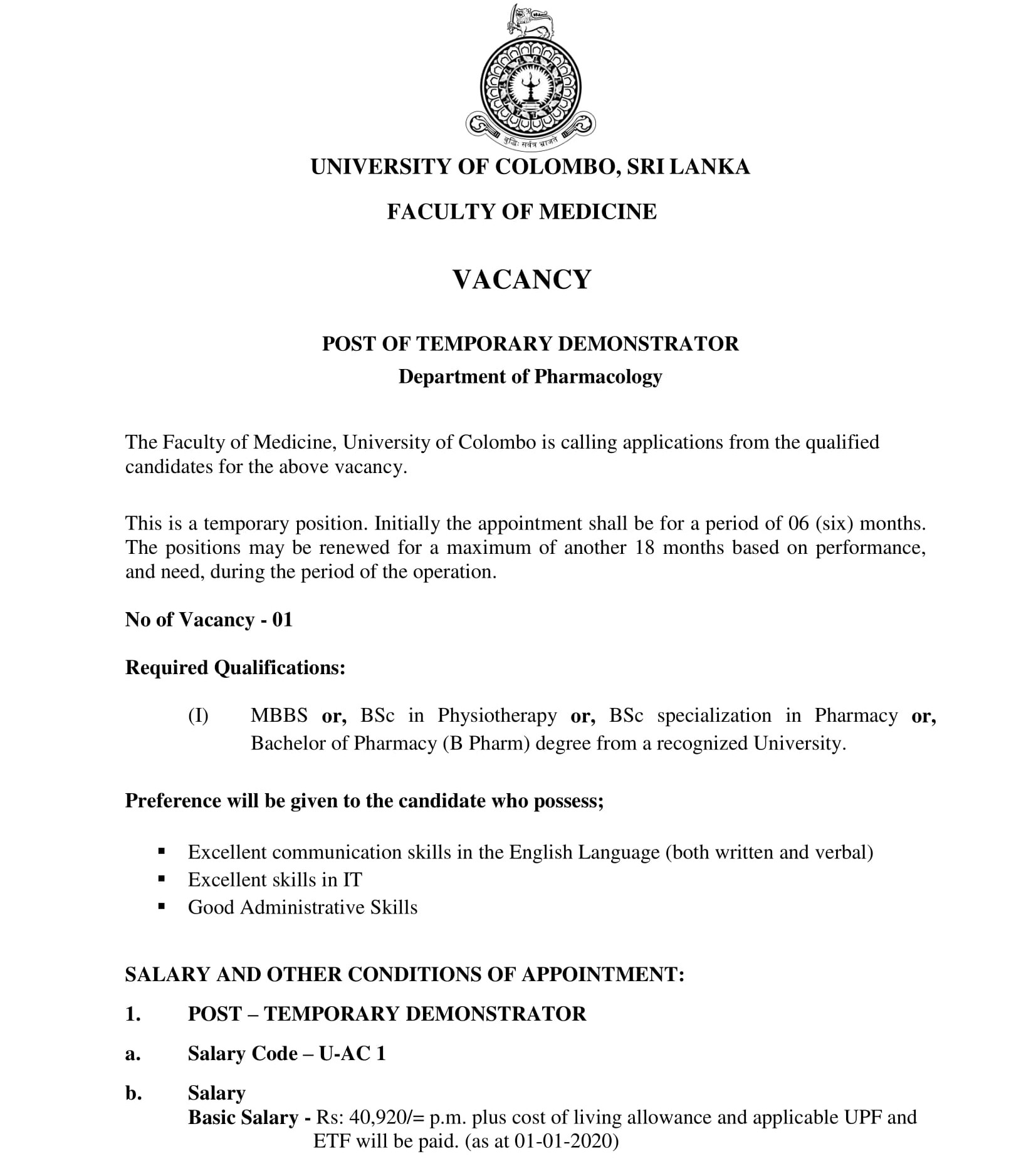 Temporary Demonstrator - University of Colombo