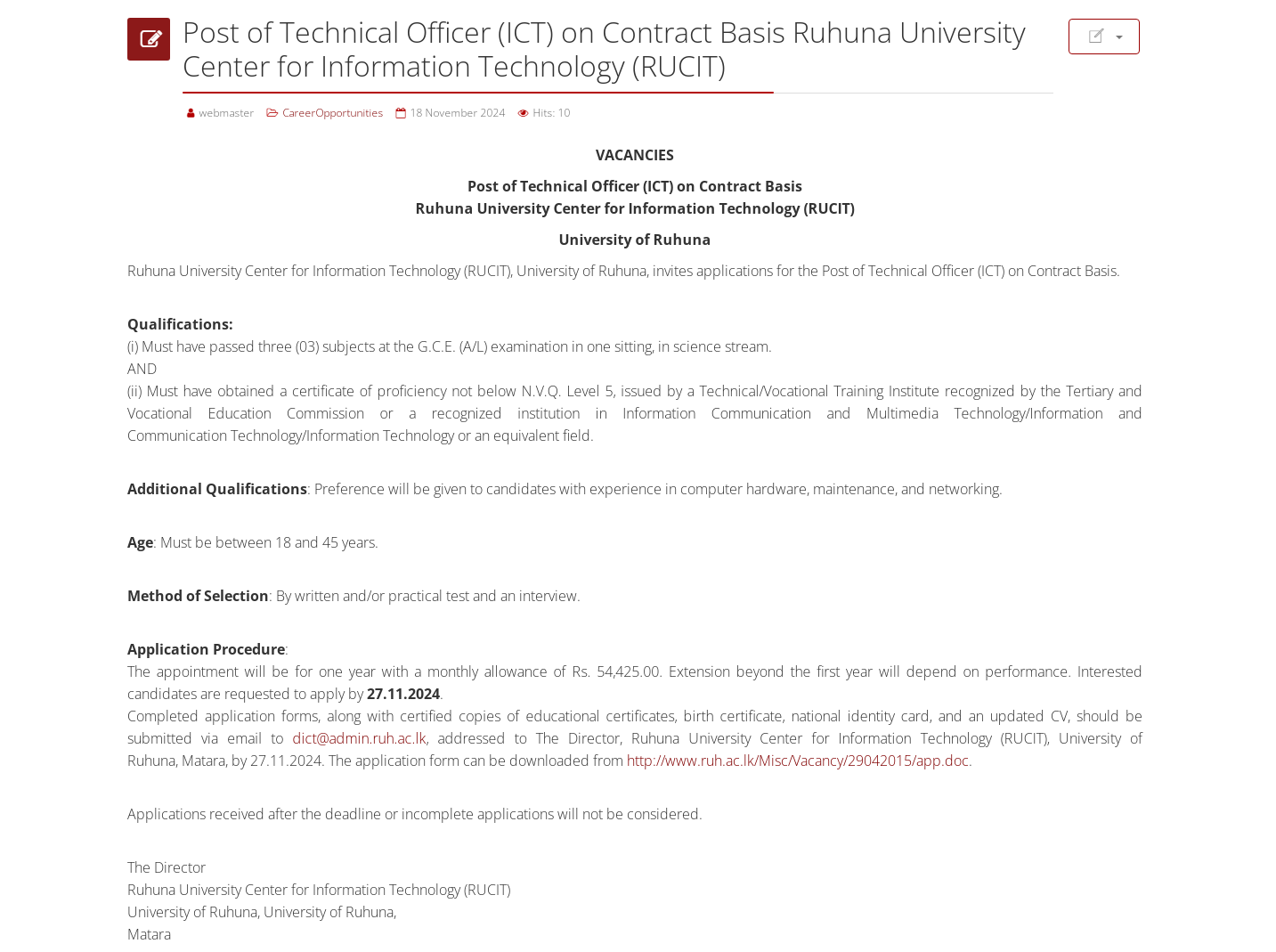 Technical Officer (ICT) - University of Ruhuna