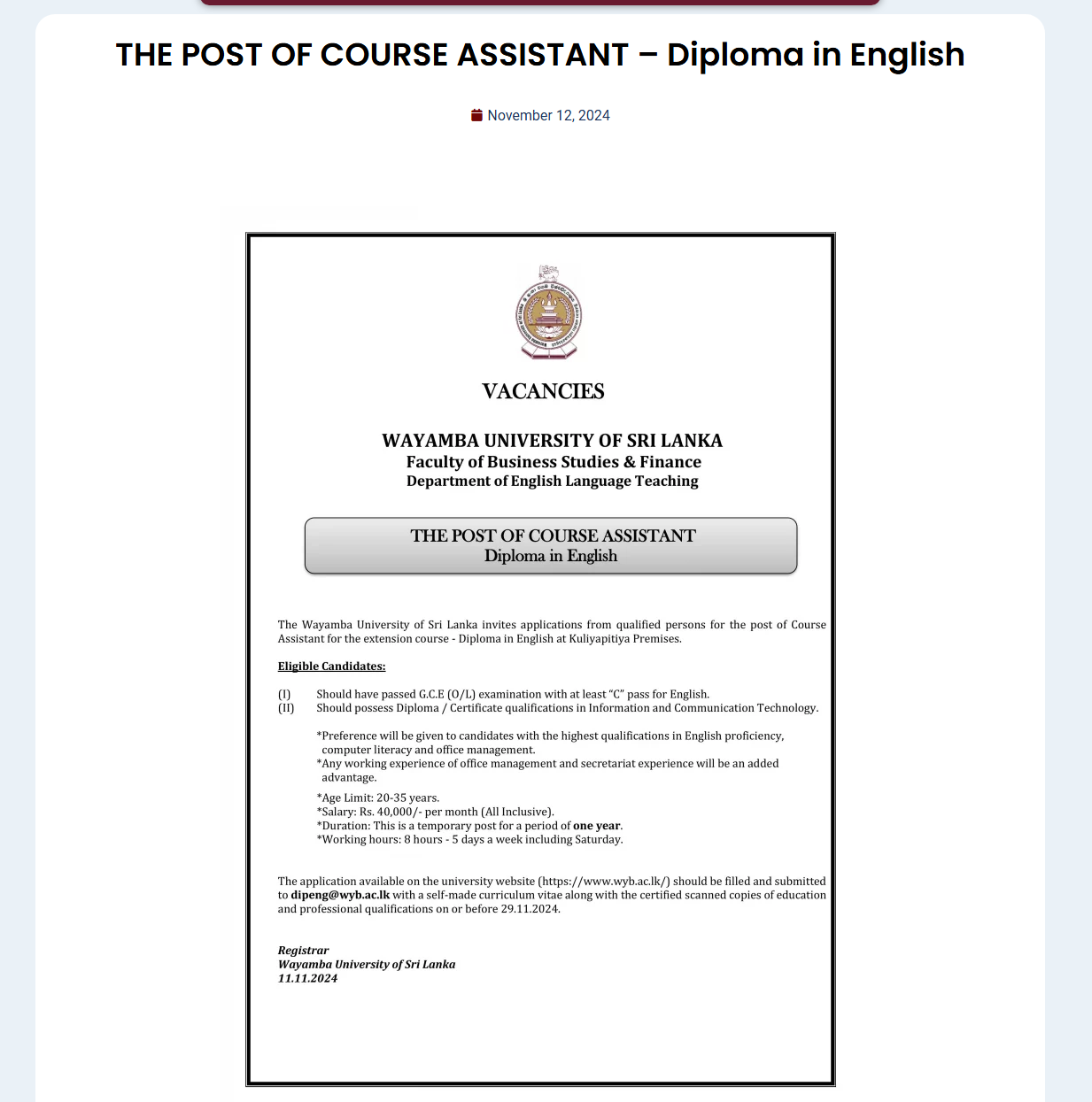 Course Assistant - Wayamba University of Sri Lanka