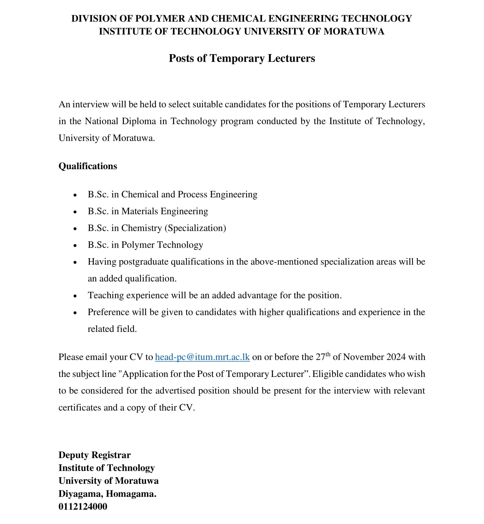 Temporary Lecturer - University of Moratuwa