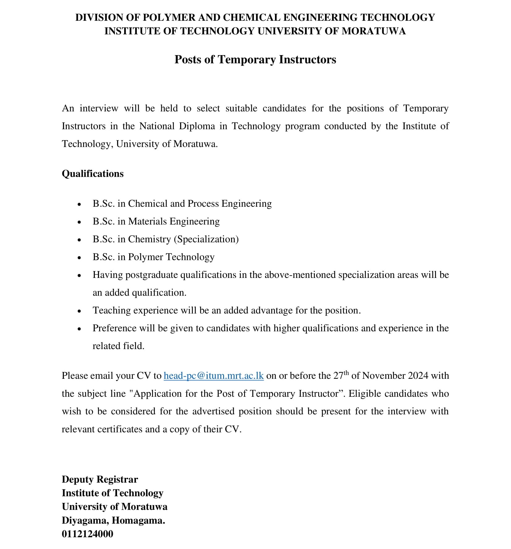 Temporary Lecturer - University of Moratuwa