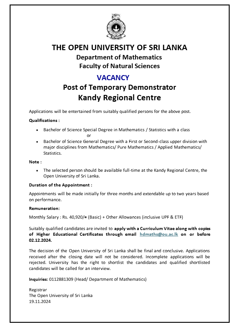 Temporary Demonstrator - The Open University of Sri Lanka