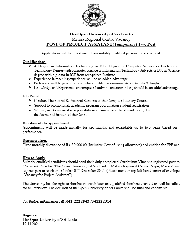 Project Assistant - The Open University of Sri Lanka