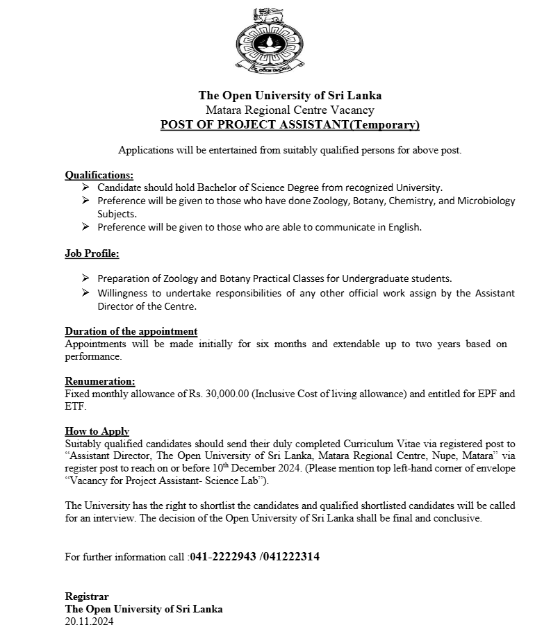 Project Assistant - The Open University of Sri Lanka