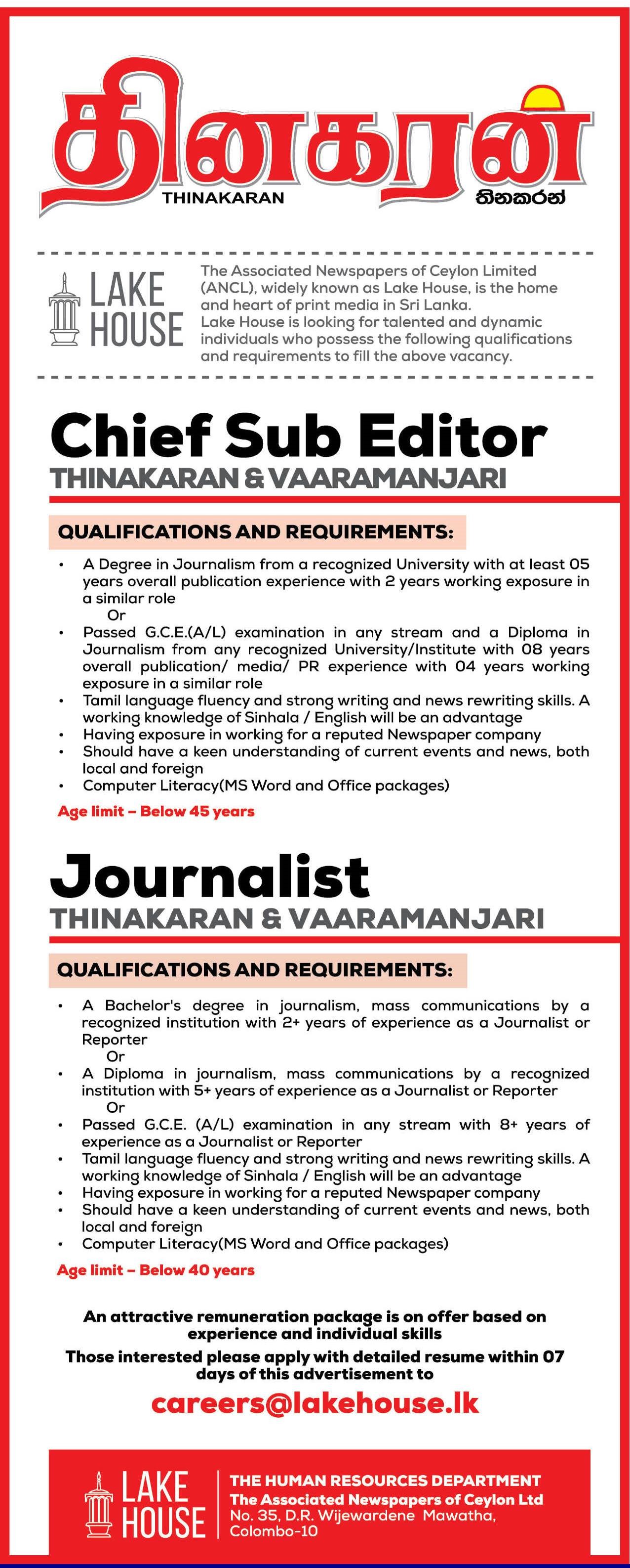 Chief Sub Editor, Journalist - The Associated Newspapers of Ceylon Ltd