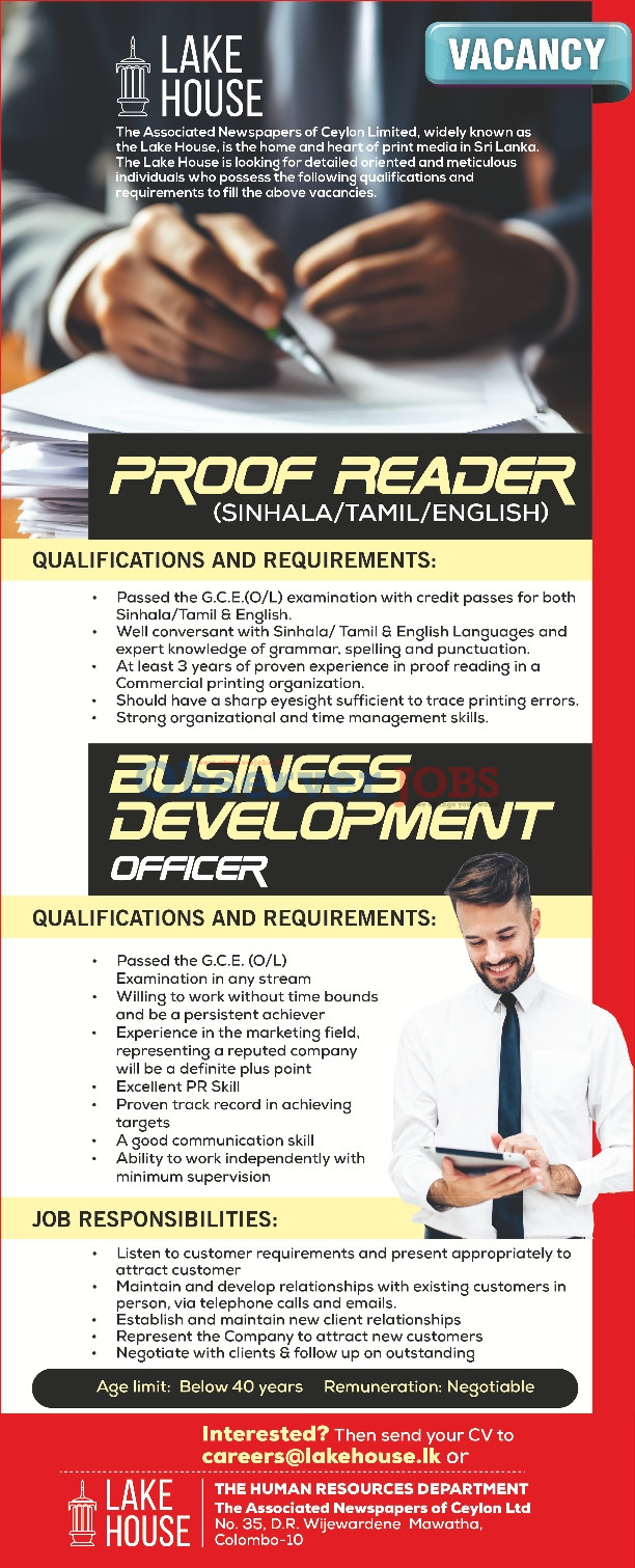 Proof Reader, Business Development Officer - The Associated Newspapers of Ceylon Ltd