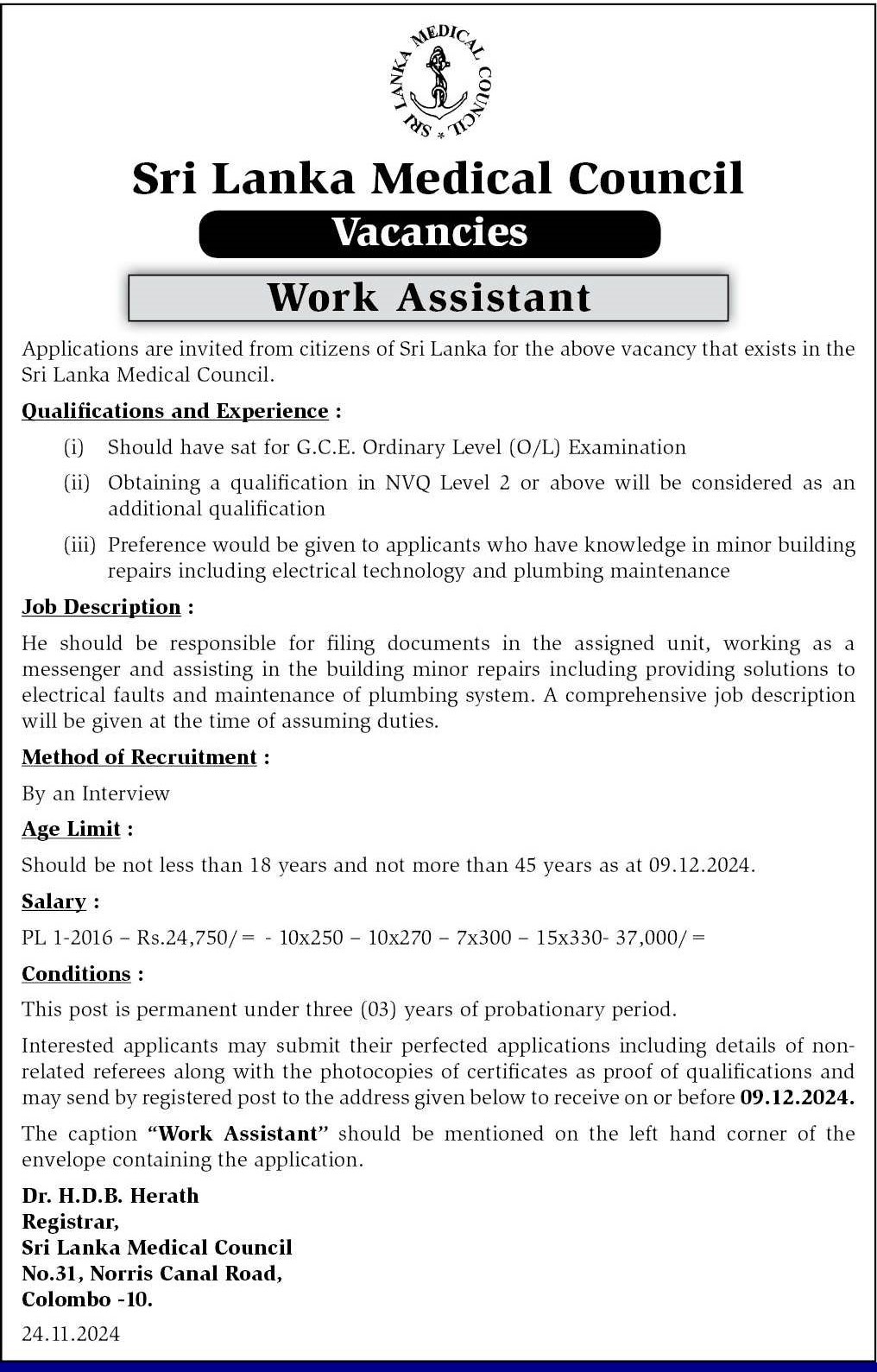 Work Assistant - Sri Lanka Medical Council 