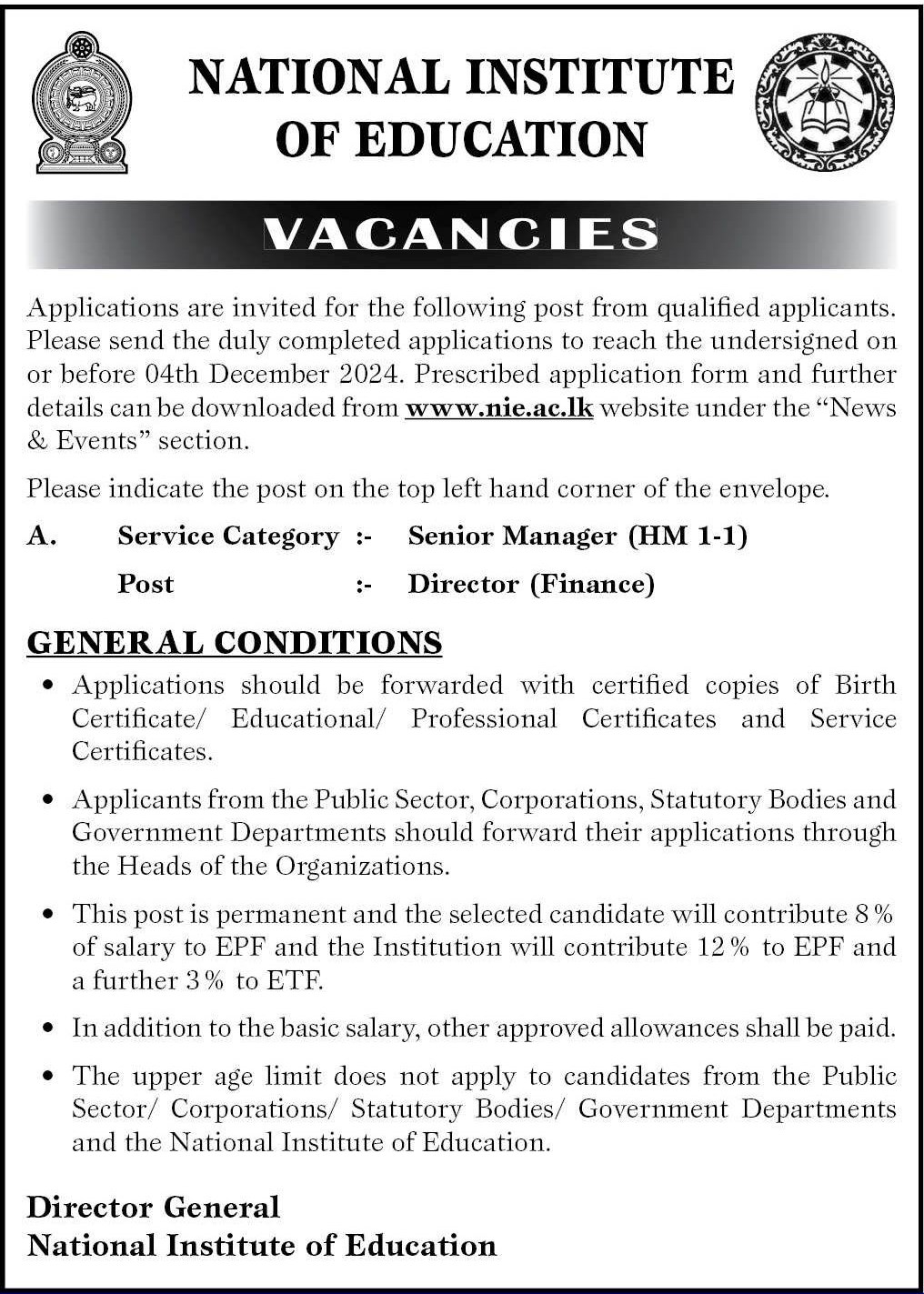   Director (Finance) - National Institute of Education