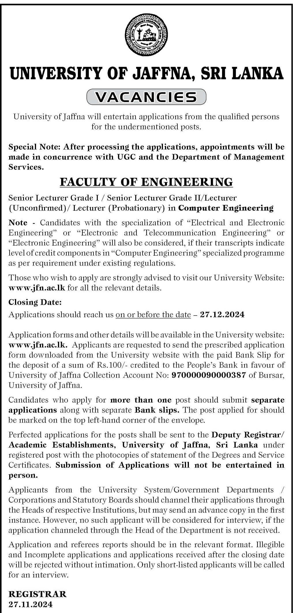 Lecturer, Senior Lecturer - University of Jaffna