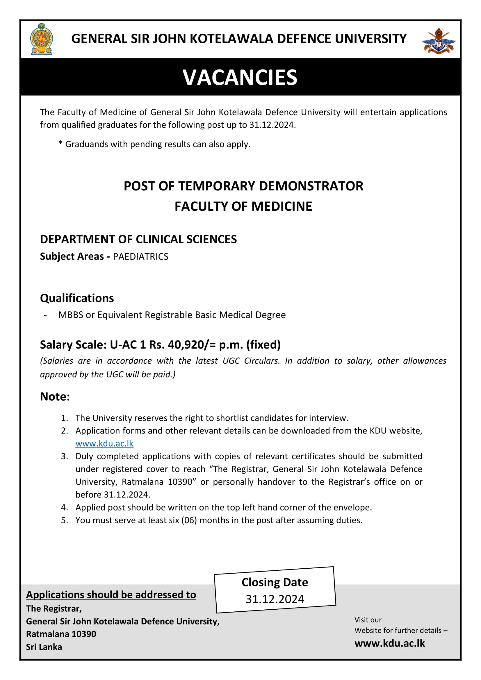 Temporary Demonstrator - General Sir John Kotelawala Defence University