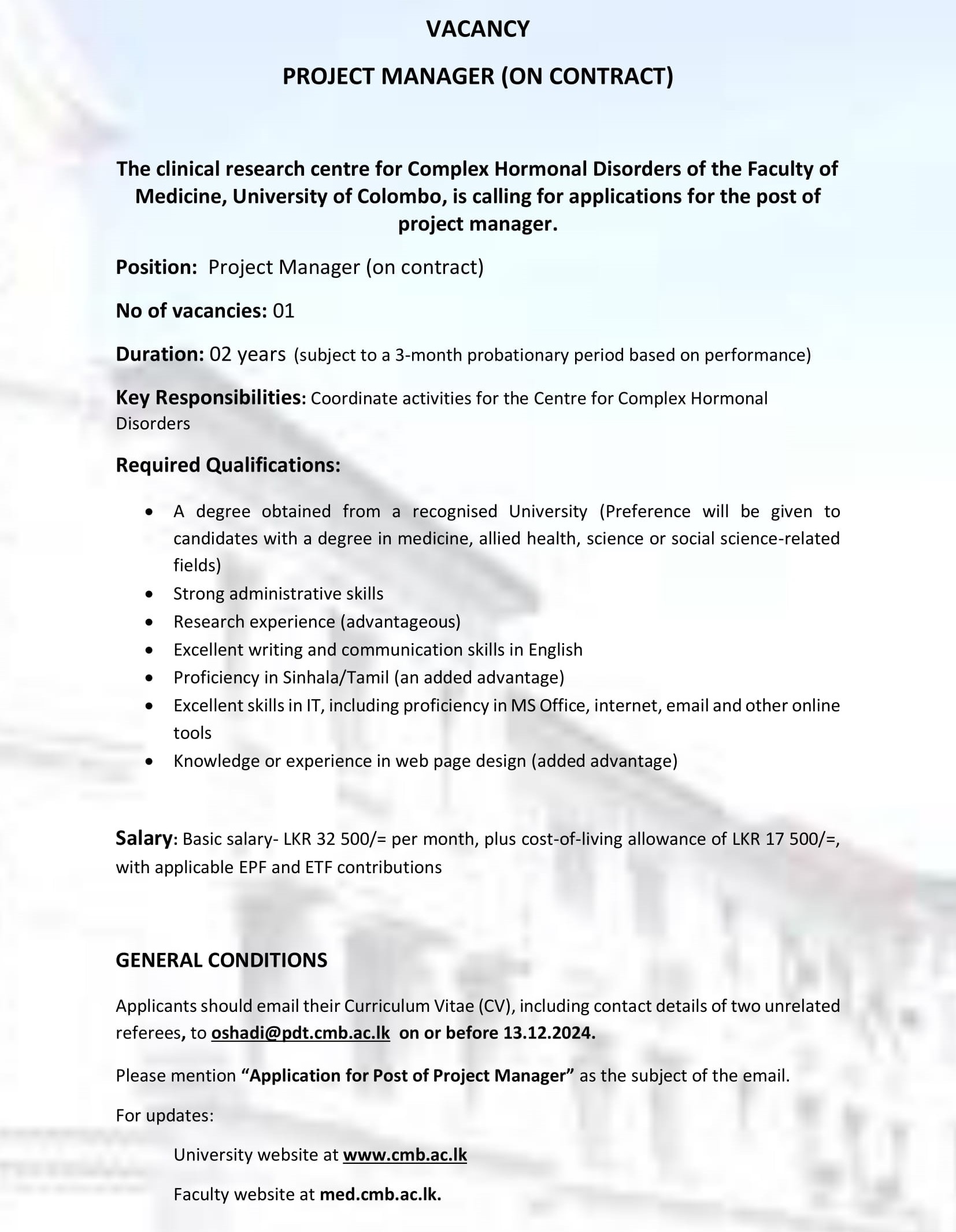 Project Manager - University of Colombo