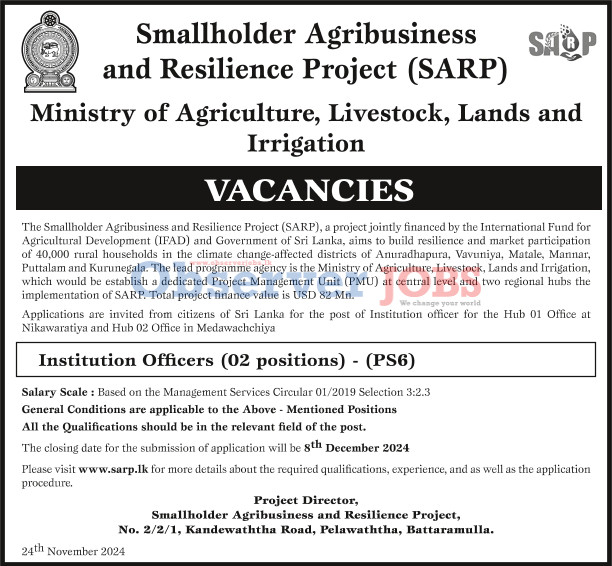 Institution Officer - Smallholder Agribusiness & Resilience Project - Ministry of Agriculture, Livestock, Lands & Irrigation