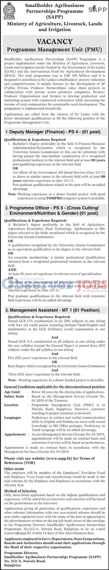 Management Assistant, Programme Officer, Deputy Manager - Smallholder Agribusiness Partnerships Programme - Ministry of Agriculture, Livestock, Lands & Irrigation