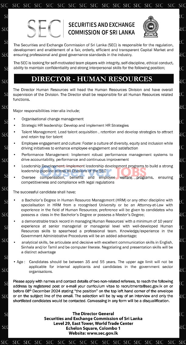 Director (Human Resources) - Securities & Exchange Commission of Sri Lanka