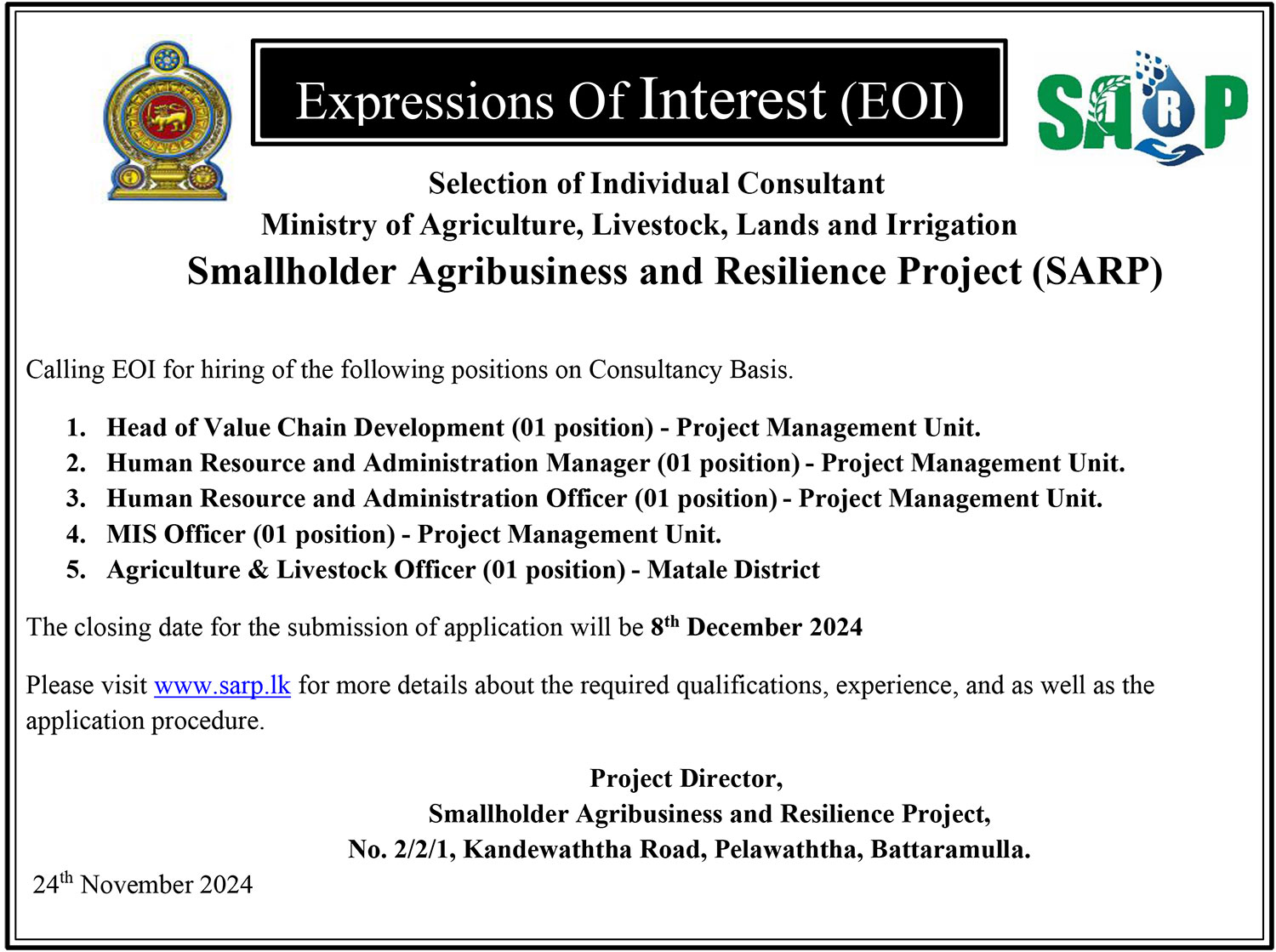 Head of Value Chain Development, Human Resource & Administration Manager, Human Recourse & Administration Officer, MIS Officer, Agriculture & Livestock Officer - Smallholder Agribusiness & Resilience Project - Ministry of Agriculture, Livestock, Lands & Irrigation
