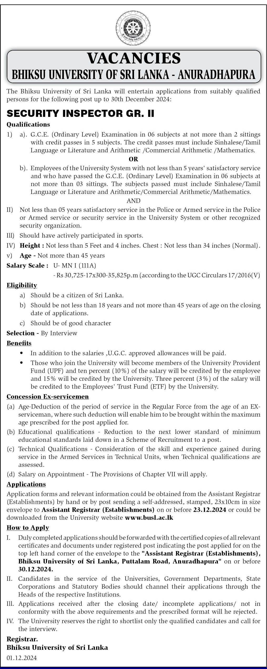 Security Inspector - Bhiksu University of Sri Lanka