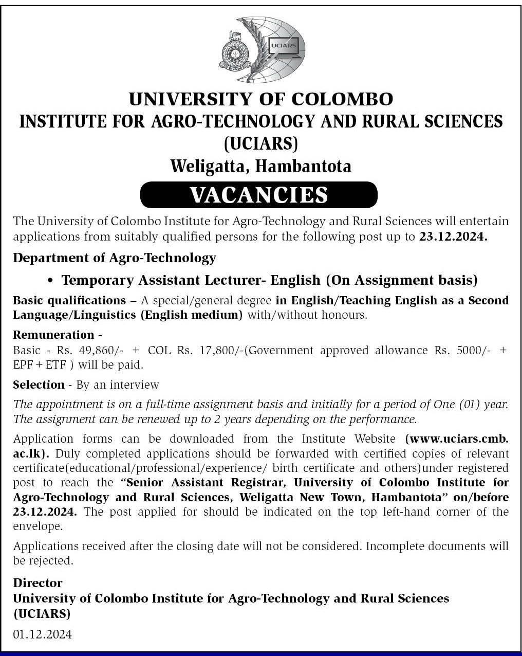 Temporary Assistant Lecturer - Institute for Agro-Technology & Rural Sciences - University of Colombo