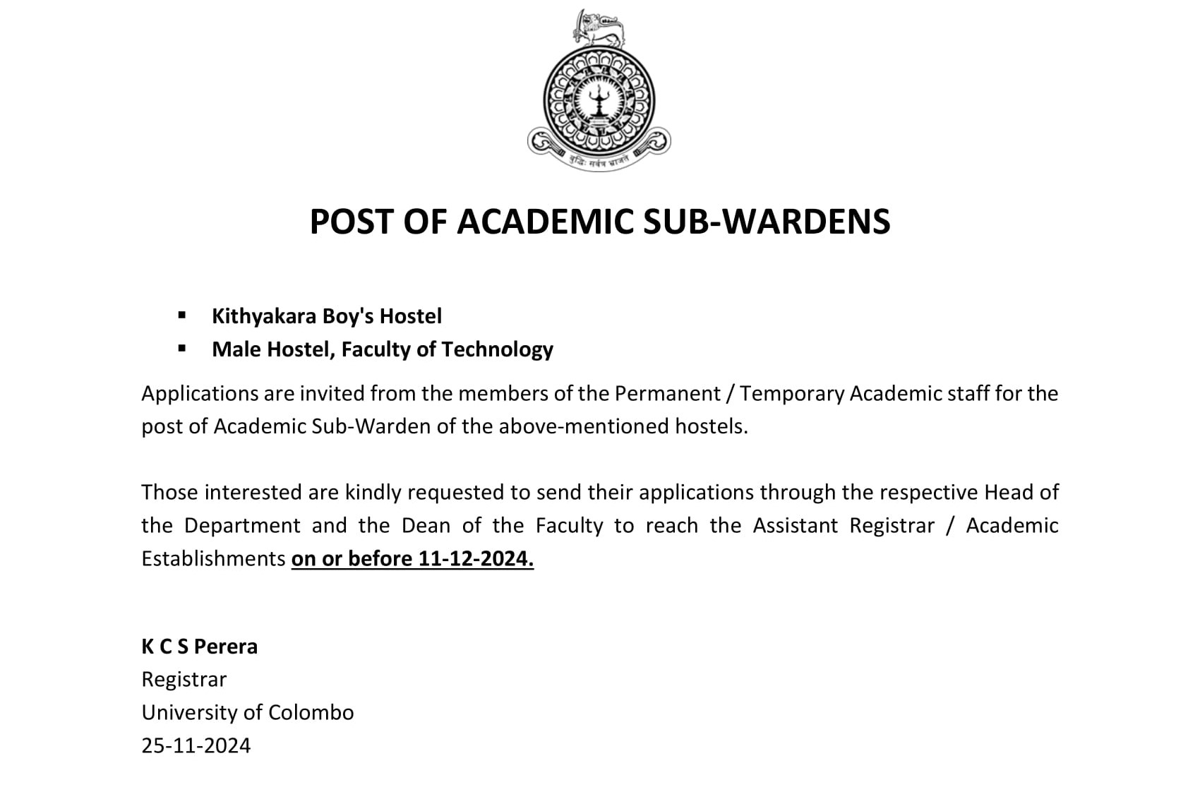 Academic Sub Warden - University of Colombo
