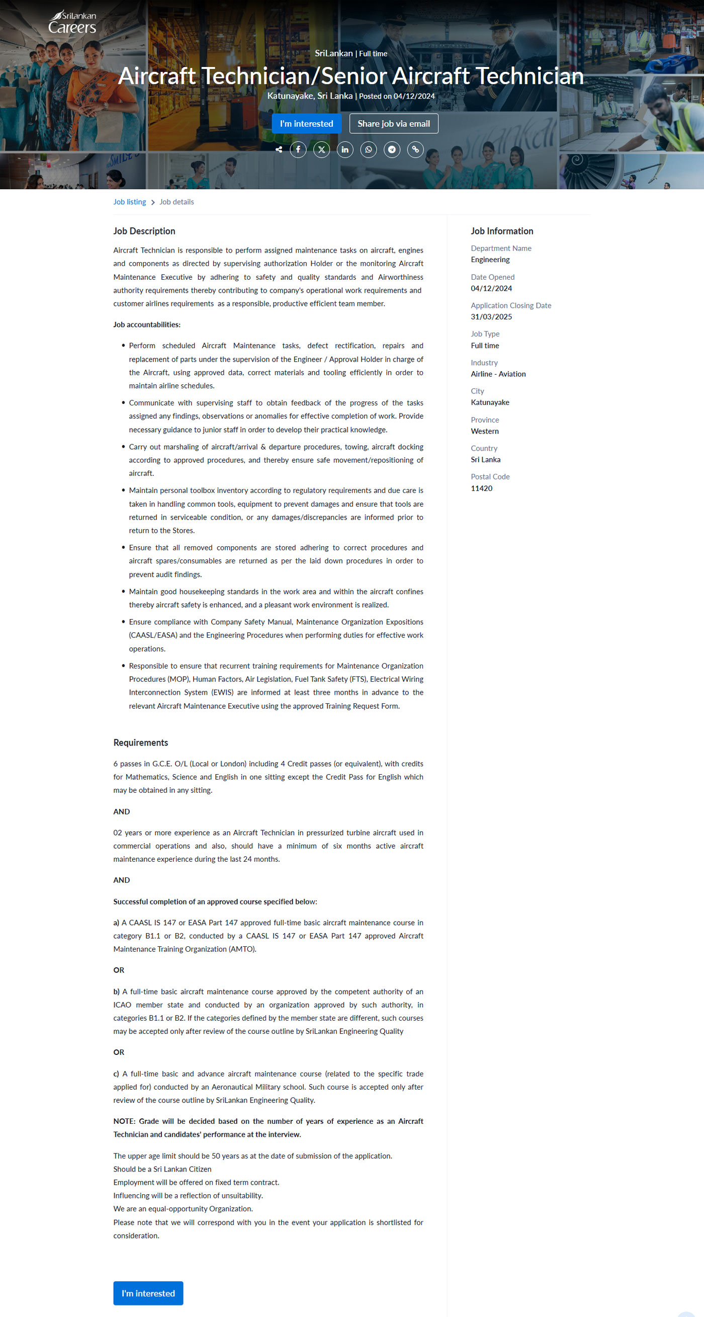 Aircraft Technician/Senior Aircraft Technician - SriLankan Airlines Limited