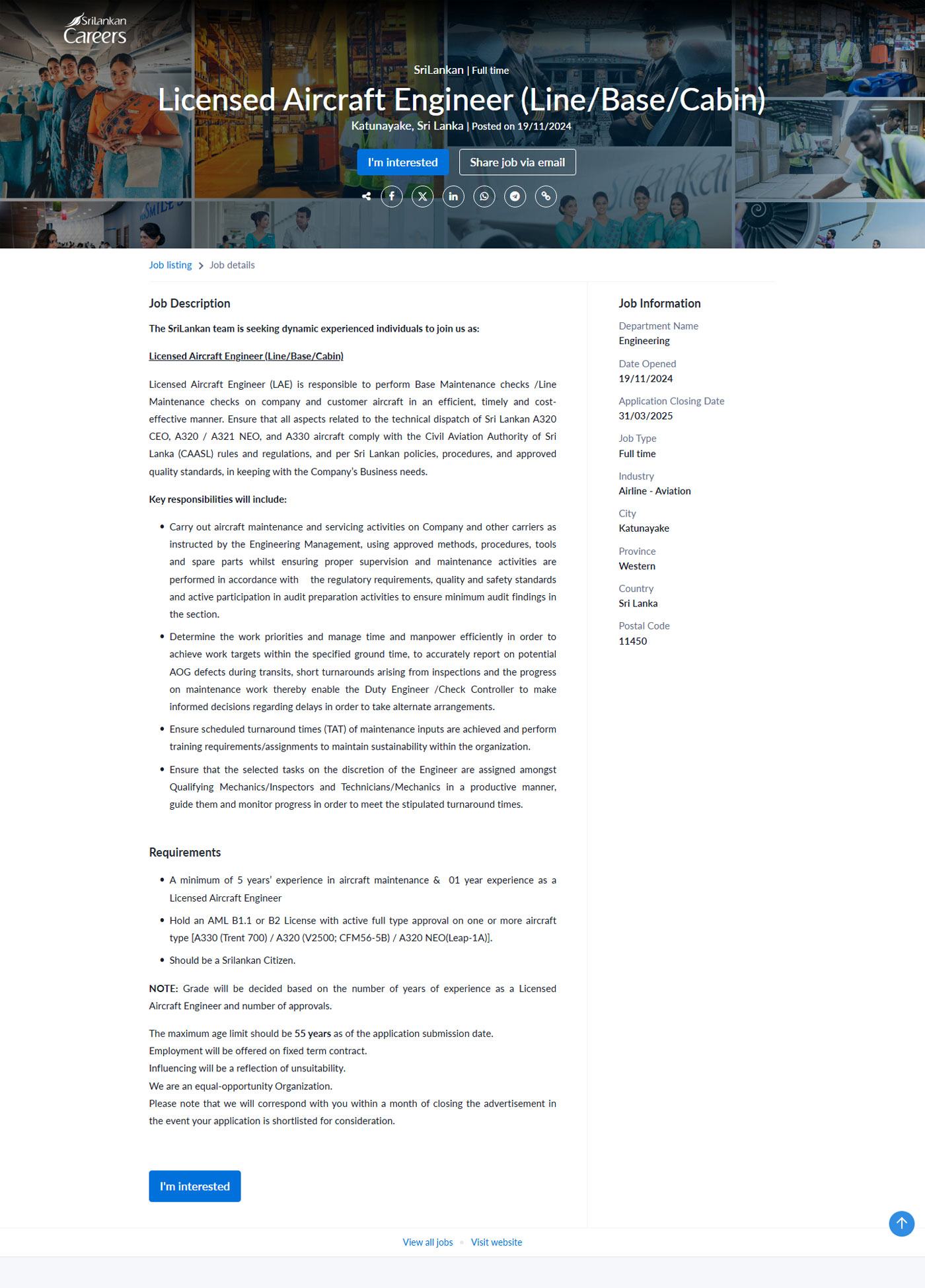 Licensed Aircraft Engineer - SriLankan Airlines Limited