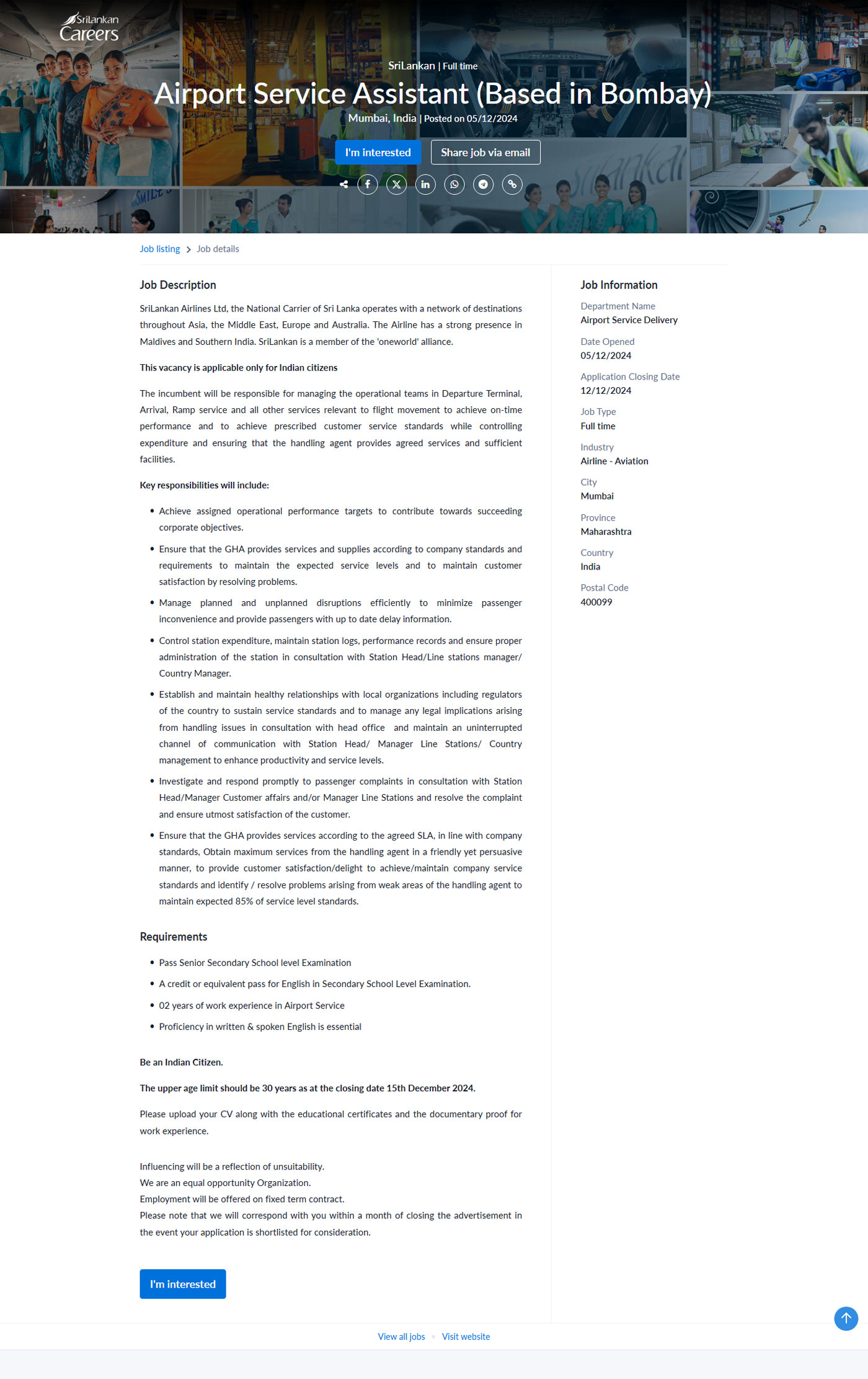Airport Service Assistant - SriLankan Airlines Limited