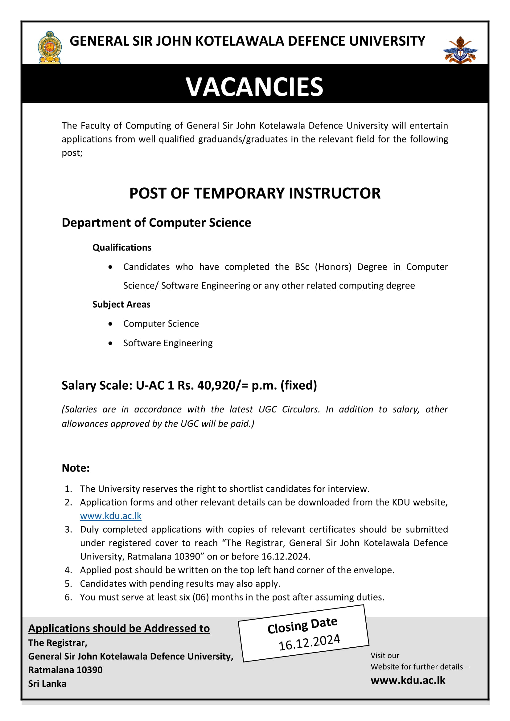 Temporary Instructor - General Sir John Kotelawala Defence University