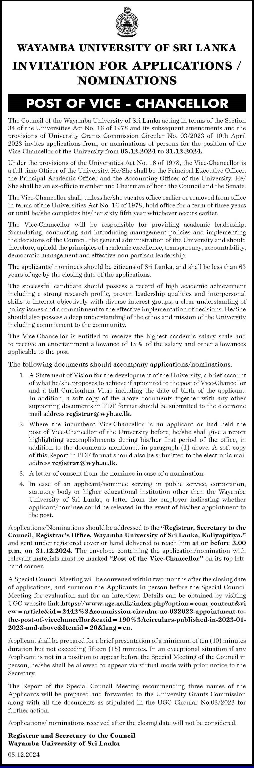 Vice Chancellor - Wayamba University of Sri Lanka