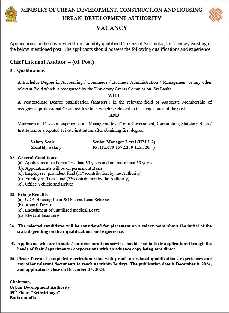 Chief Internal Auditor, Landscape Architect, Town Planner, Real Estate Manager, Legal Officer - Urban Development Authority