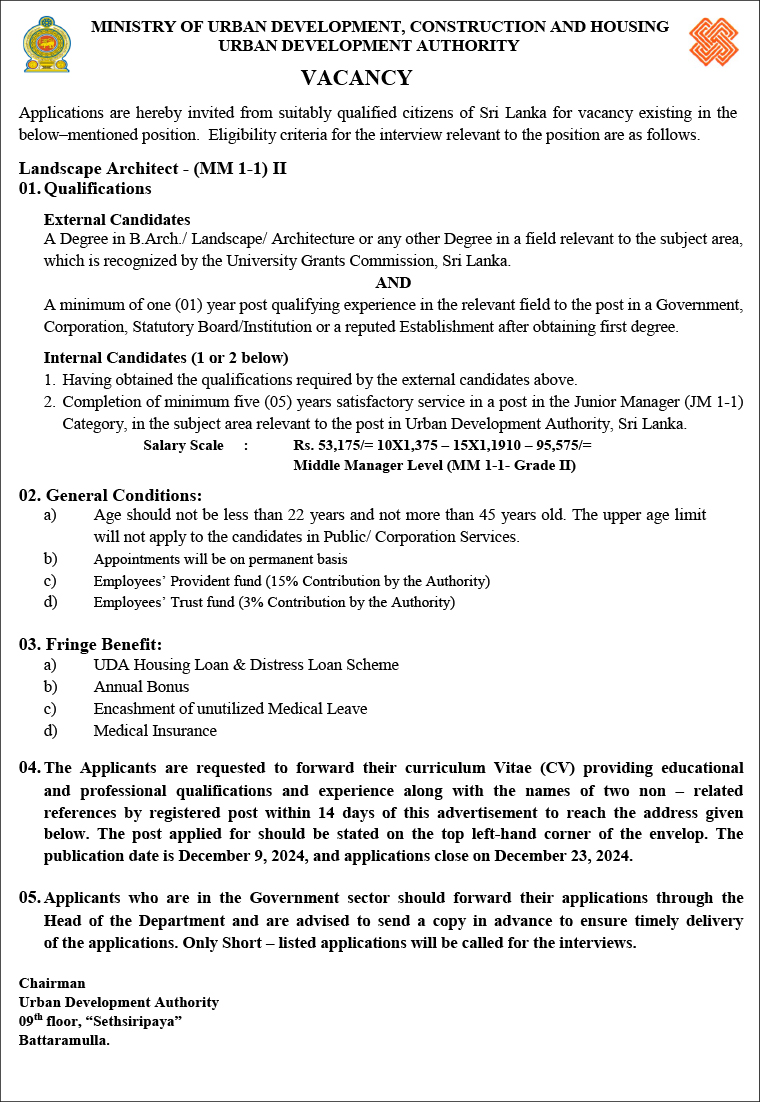Chief Internal Auditor, Landscape Architect, Town Planner, Real Estate Manager, Legal Officer - Urban Development Authority