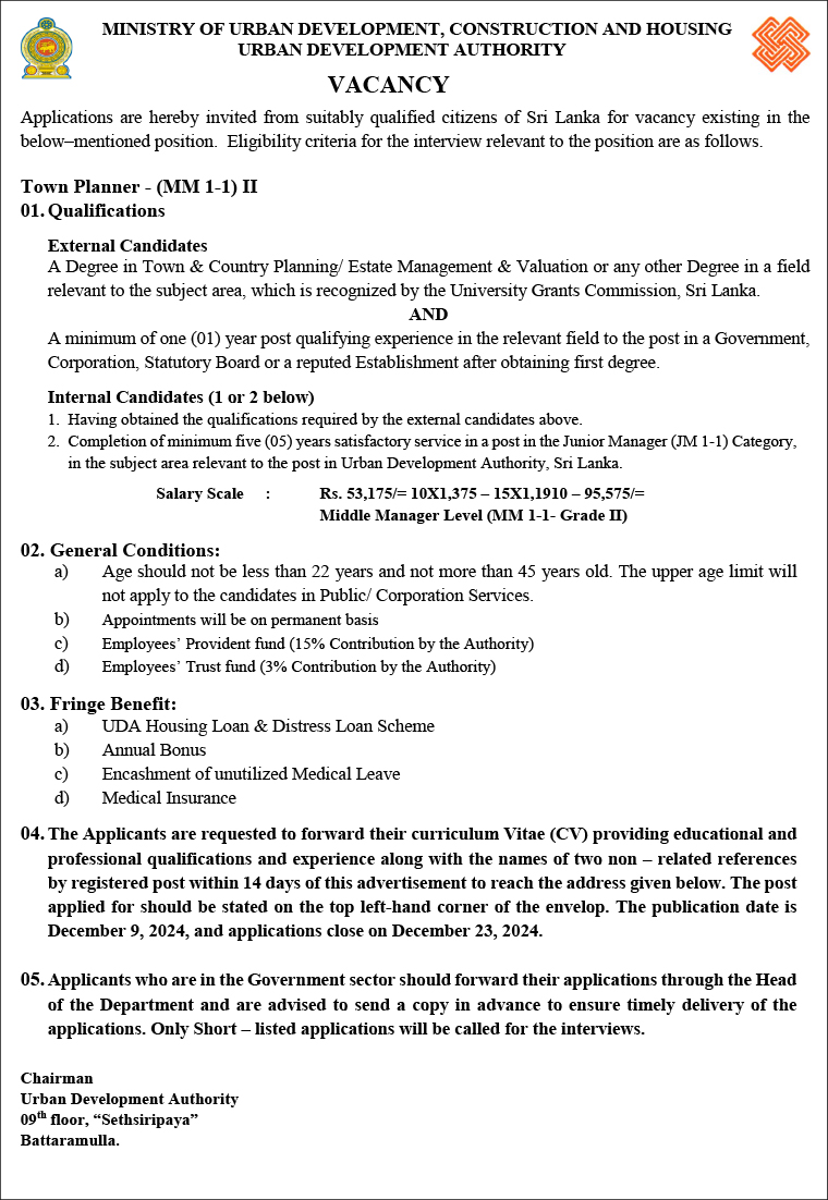 Chief Internal Auditor, Landscape Architect, Town Planner, Real Estate Manager, Legal Officer - Urban Development Authority