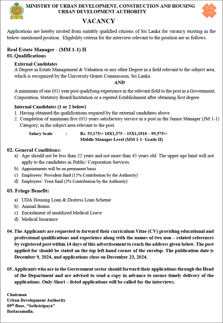 Chief Internal Auditor, Landscape Architect, Town Planner, Real Estate Manager, Legal Officer - Urban Development Authority