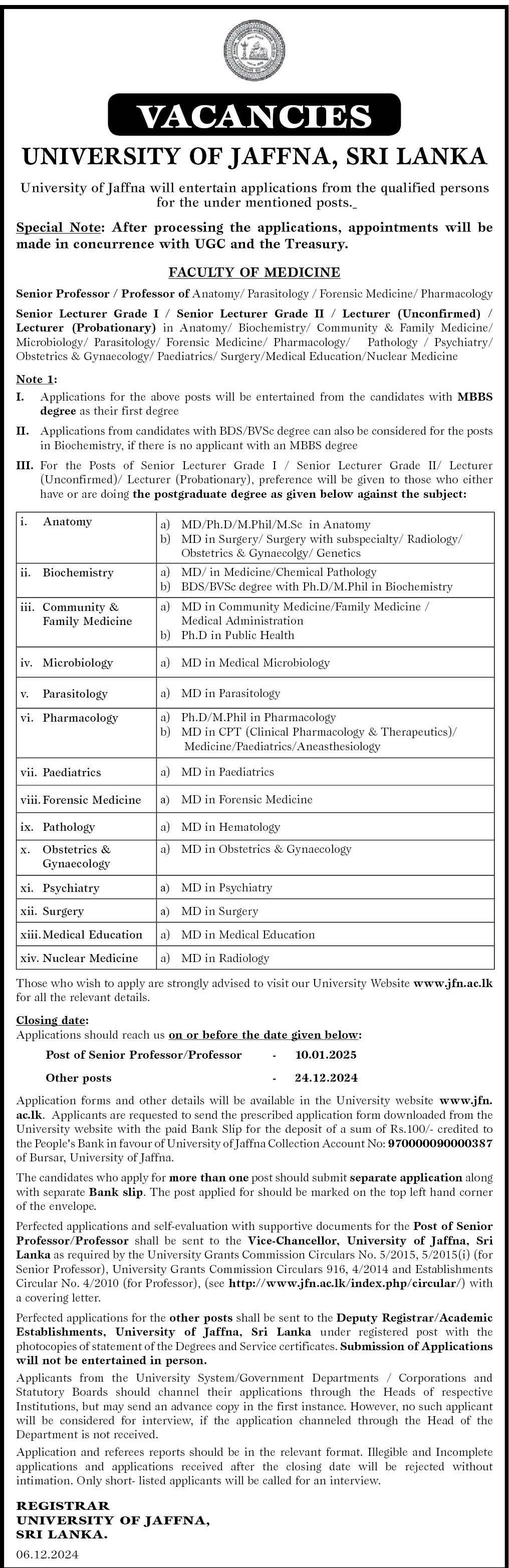 Senior Professor, Professor, Senior Lecturer, Lecturer - University of Jaffna 