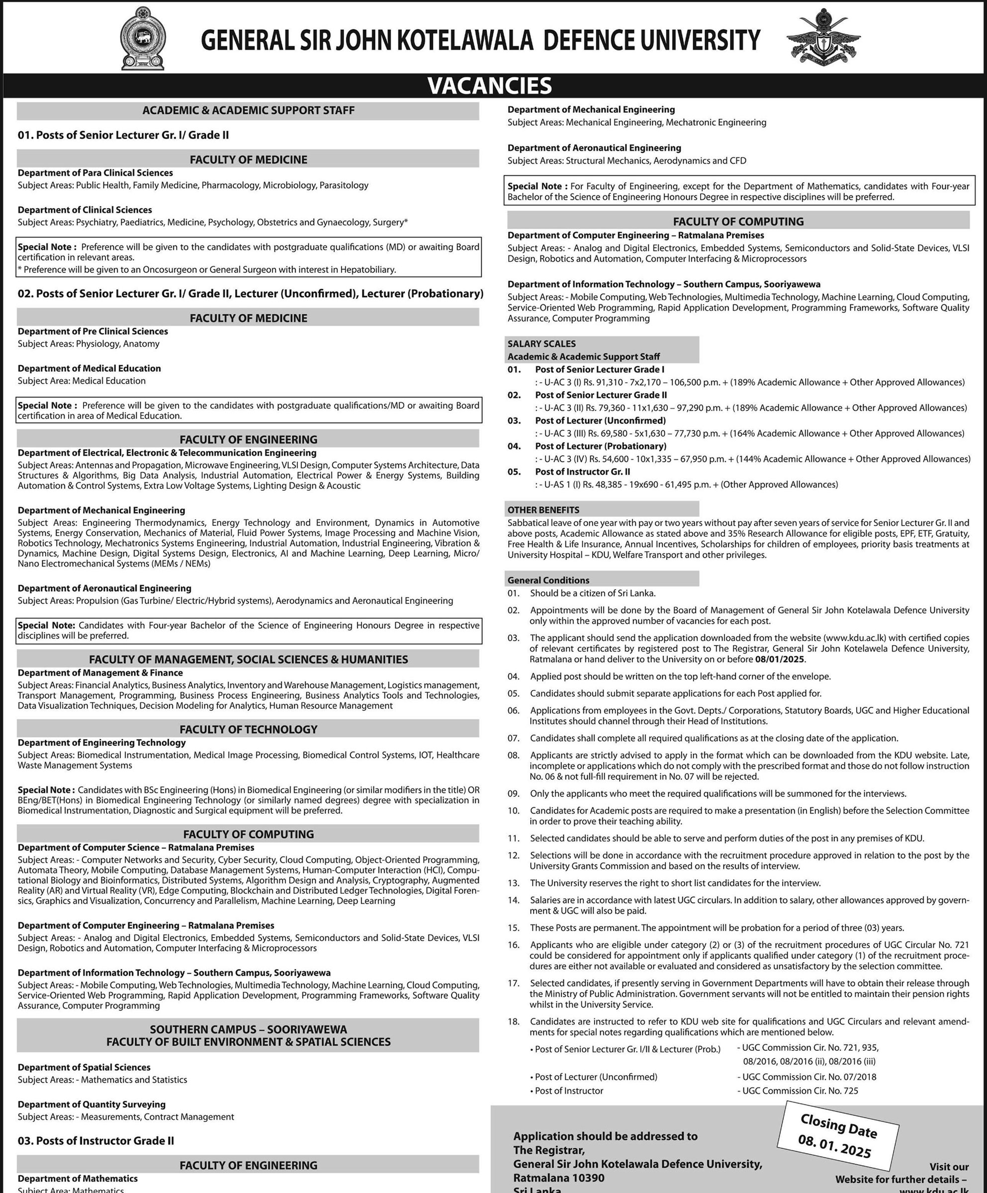 Senior Lecturer, Lecturer, Instructor - General Sir Jhon Kotelawala Defence University