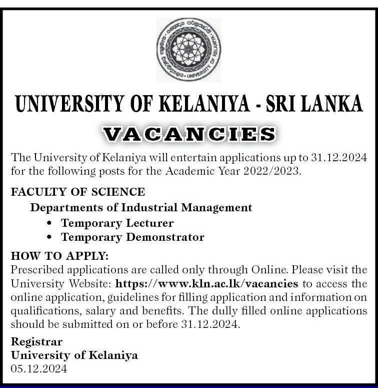 Temporary Lecturer, Temporary Demonstrator - University of Kelaniya