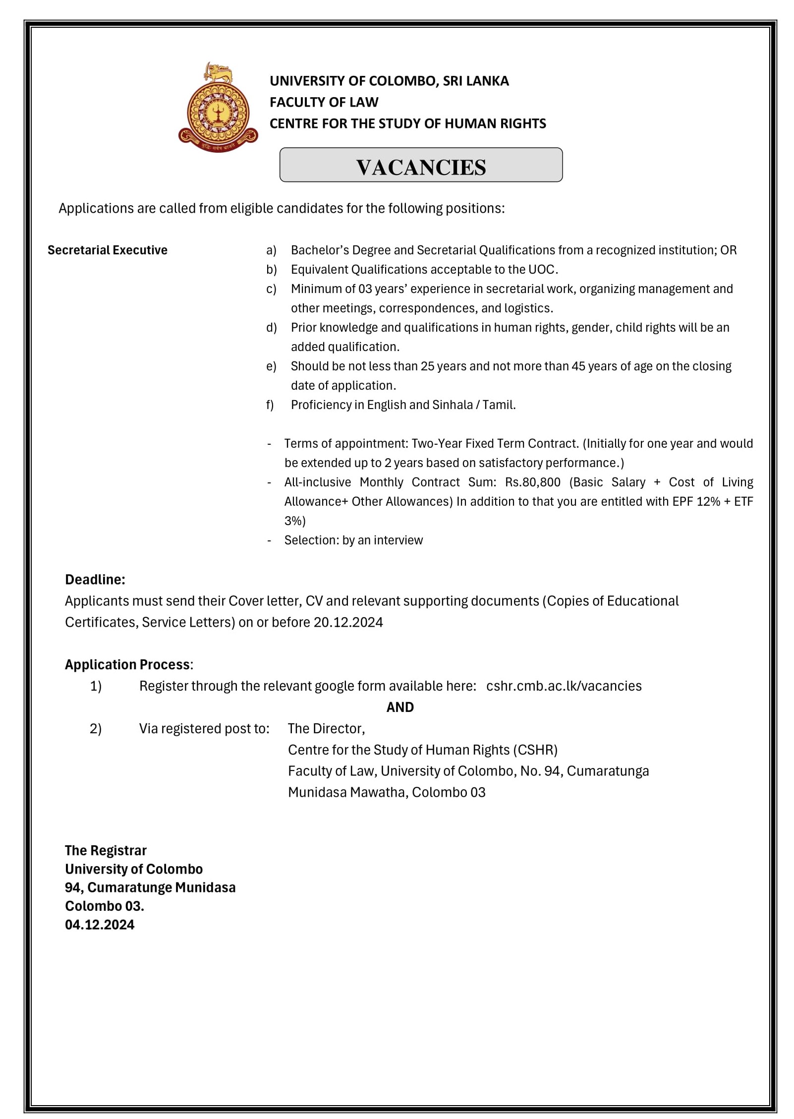 Secretarial Executive - University of Colombo