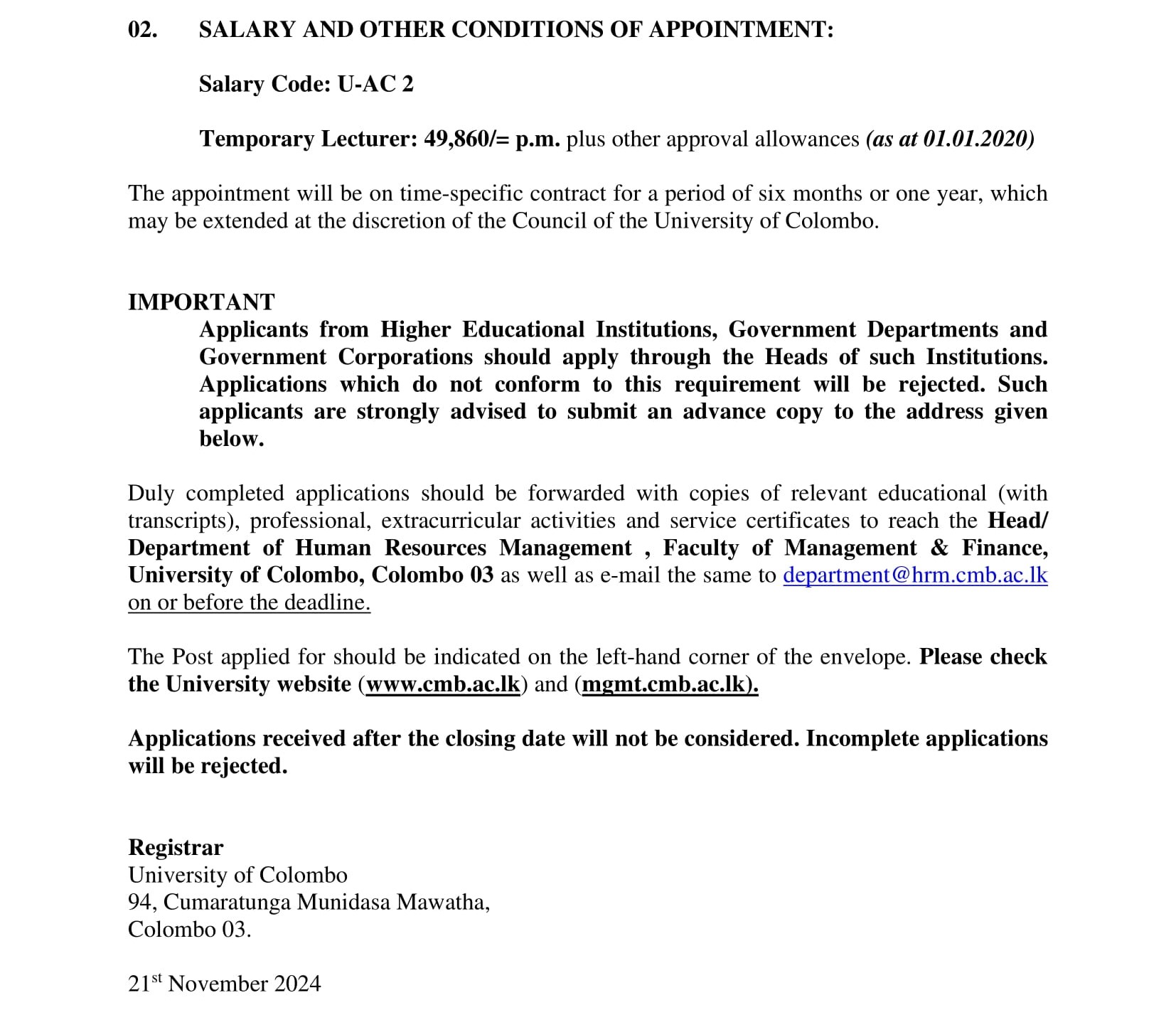 Temporary Assistant Lecturer - University of Colombo