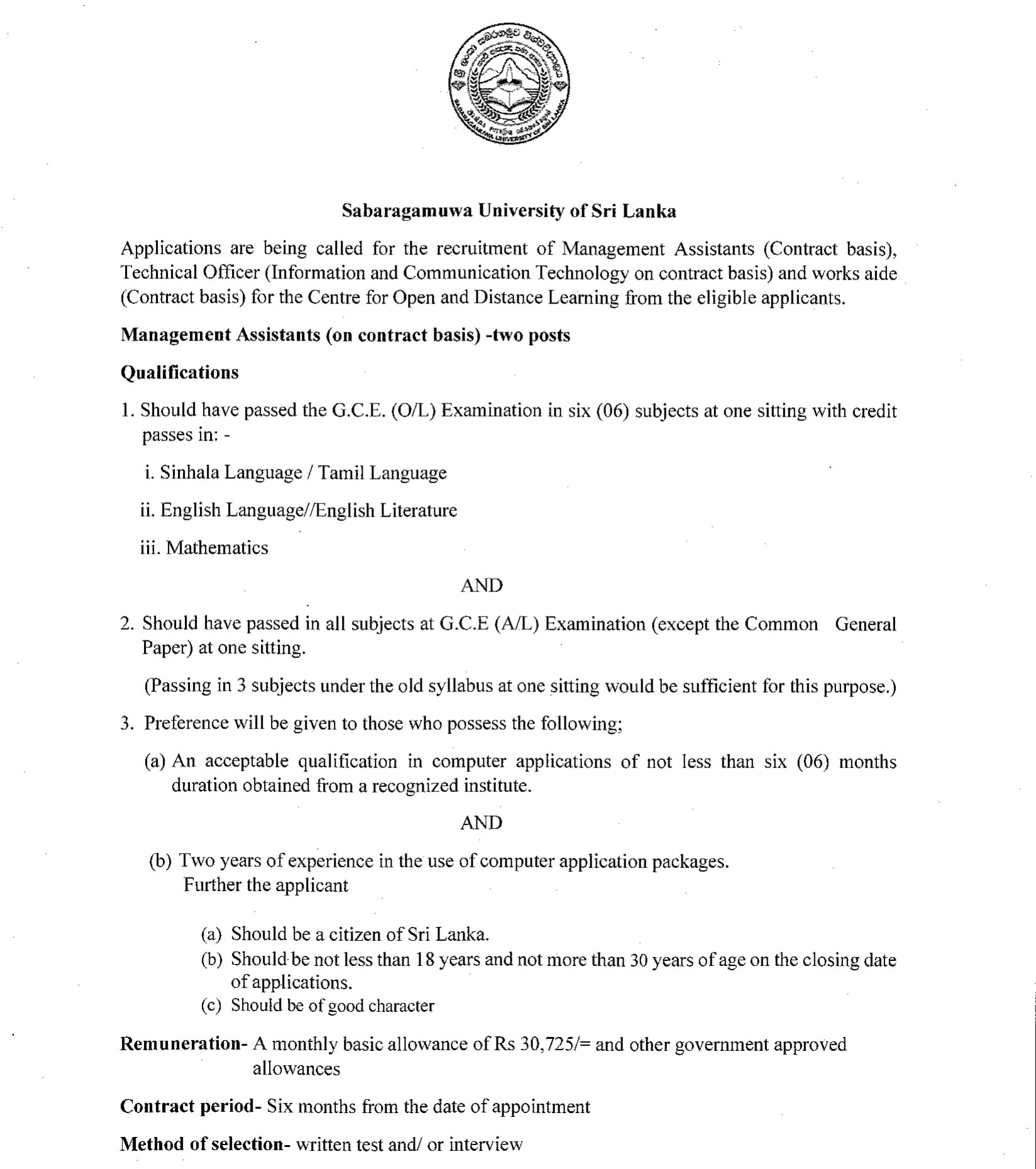 Management Assistant, Technical Officer, Work Aide - Sabaragamuwa University of Sri Lanka