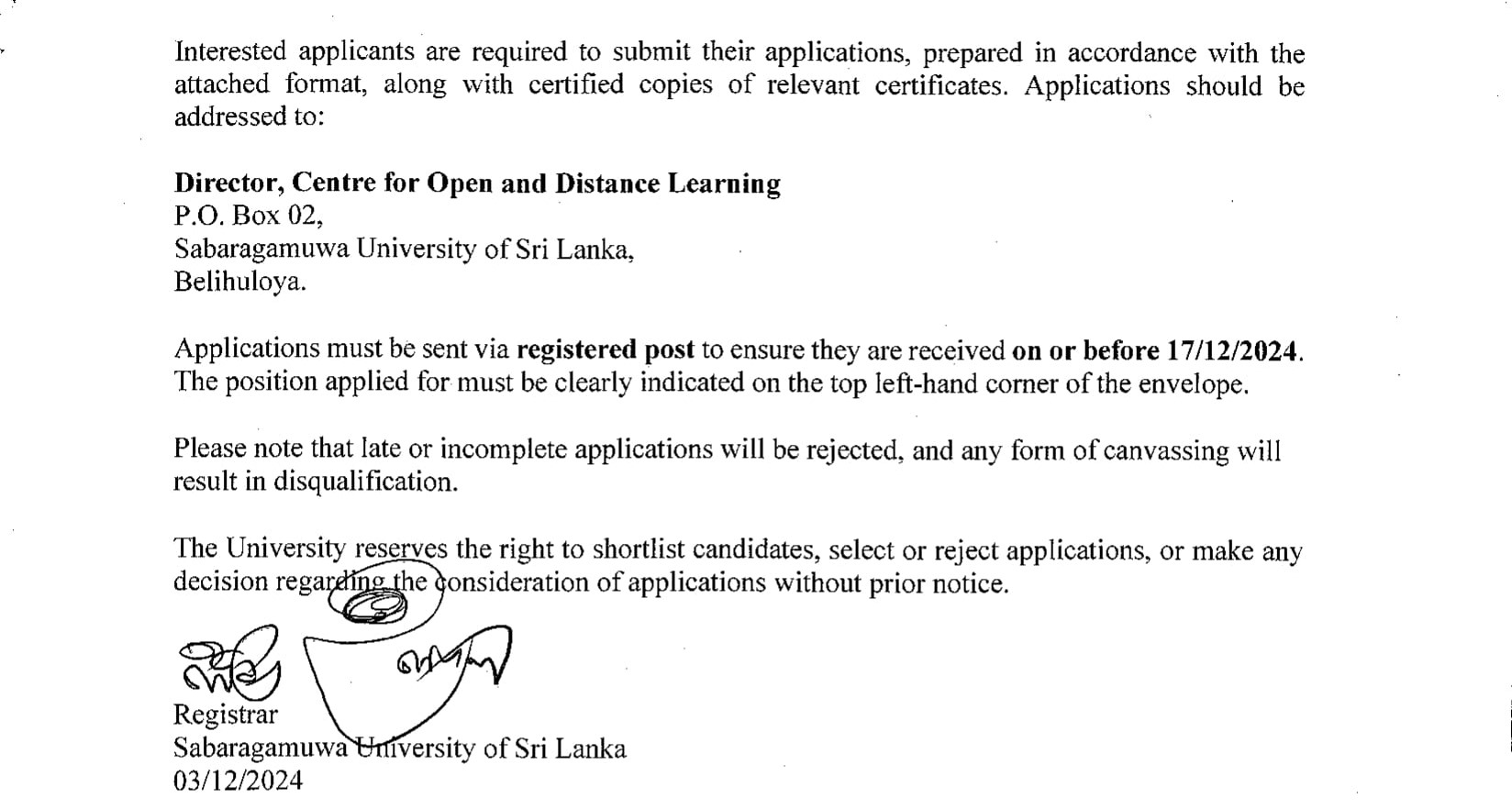 Management Assistant, Technical Officer, Work Aide - Sabaragamuwa University of Sri Lanka