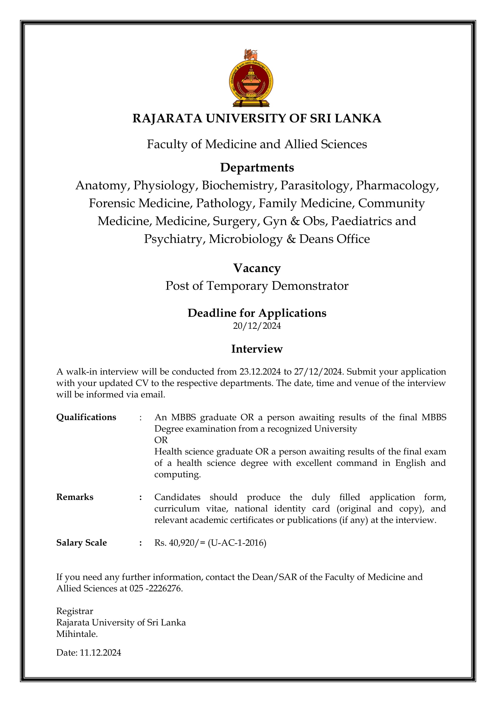 Temporary Demonstrator - Rajarata University of Sri Lanka