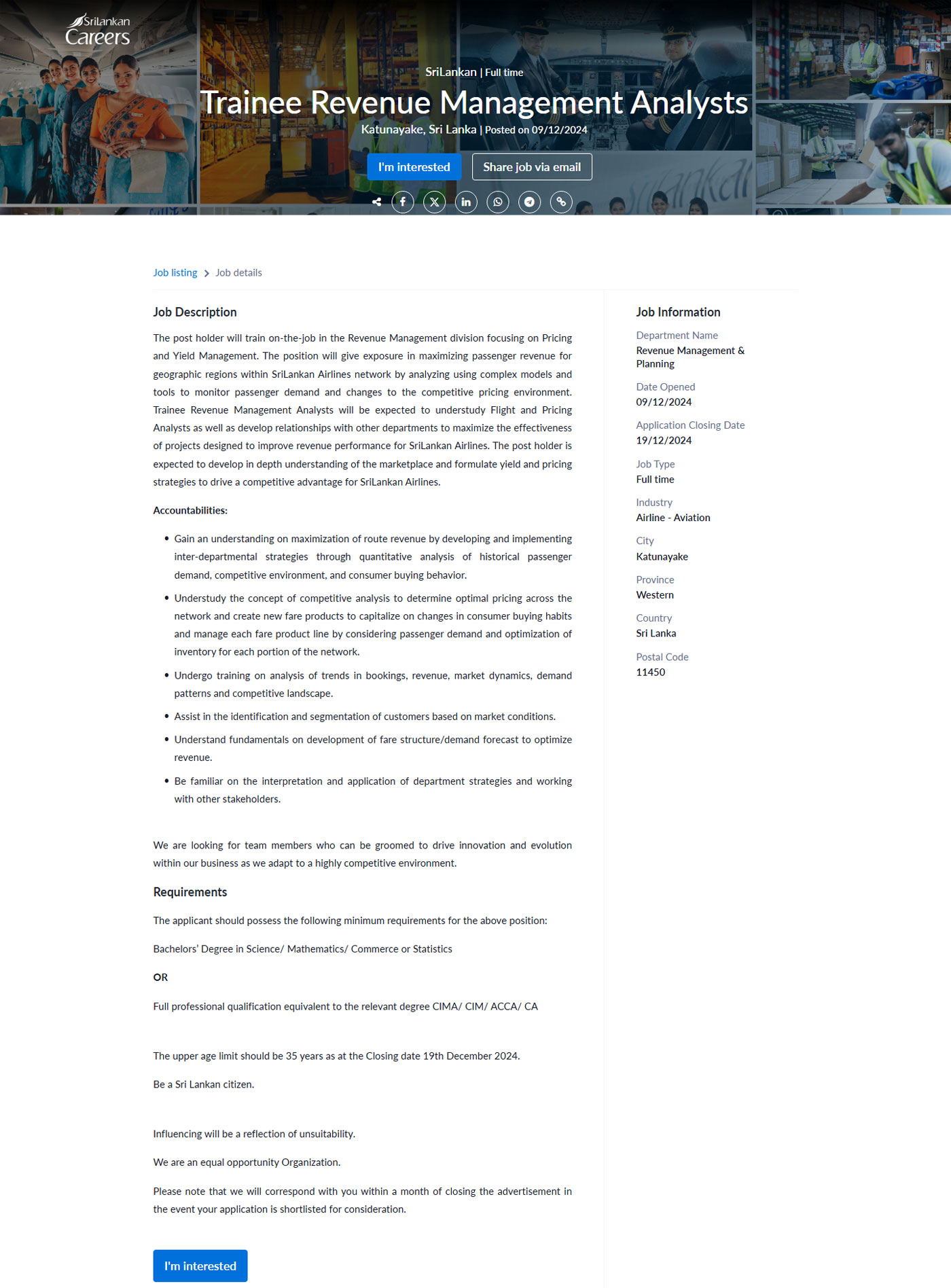 Trainee Revenue Management Analyst - SriLankan Airlines Limited