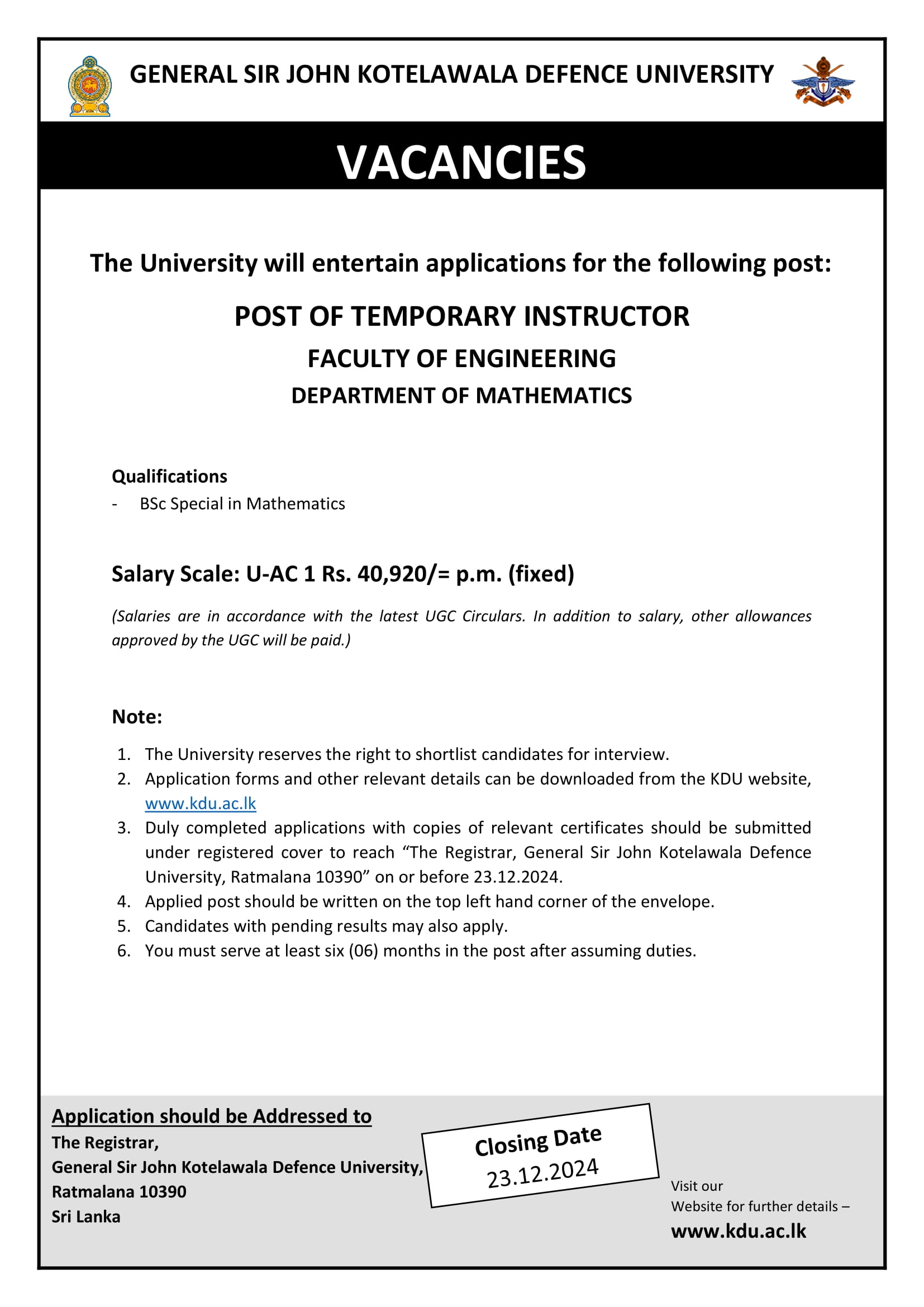 Temporary Instructor - General Sir John Kotelawala Defence University