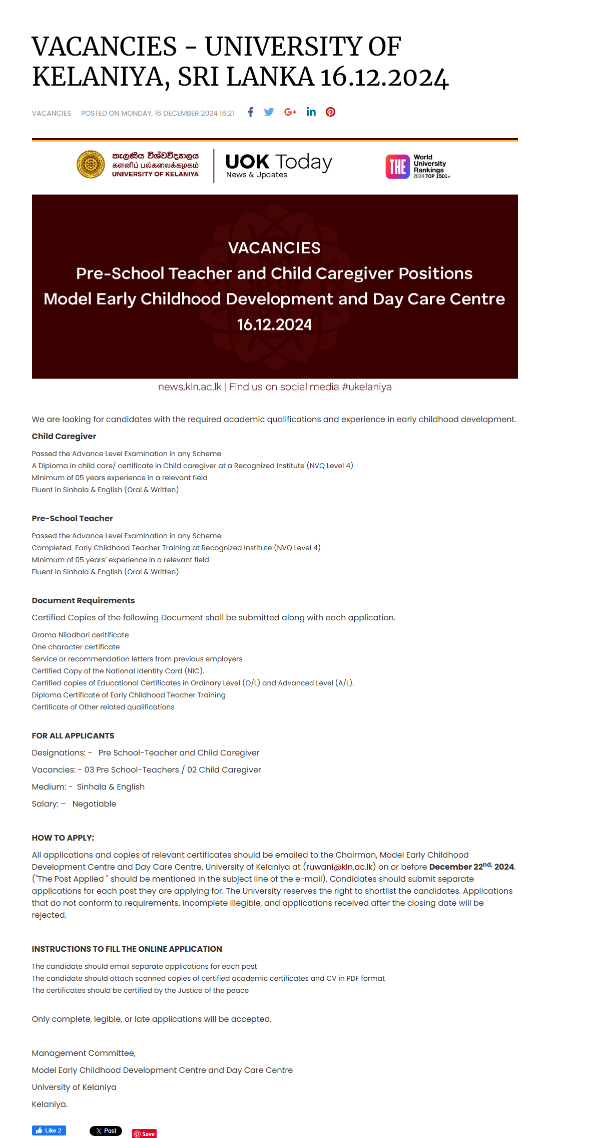 Pre School Teacher, Child Caregiver - University of Kelaniya