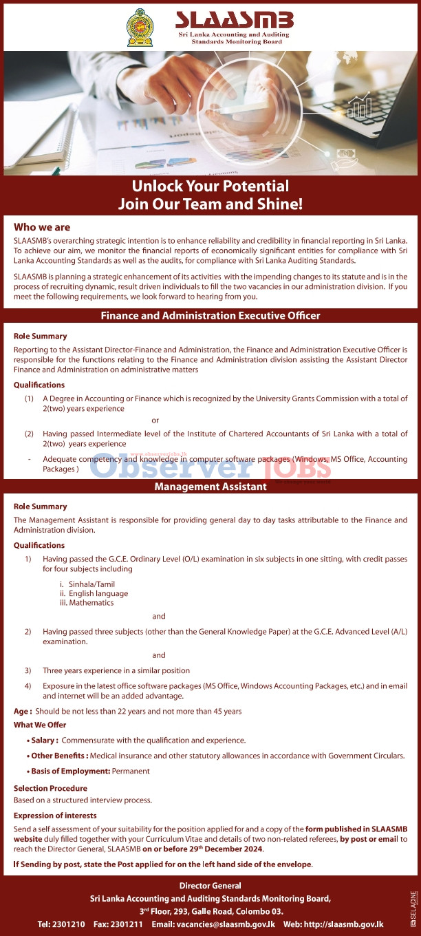 Management Assistant, Finance & Administration Executive Officer - Sri Lanka Accounting & Standards Monitoring Board 