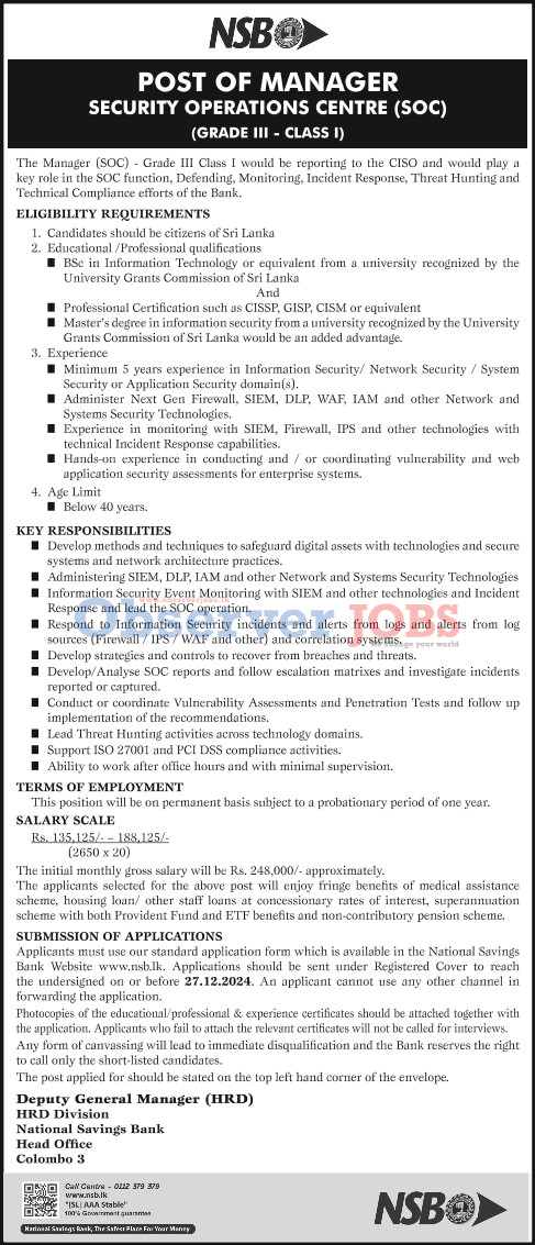 Manager - National Savings Bank