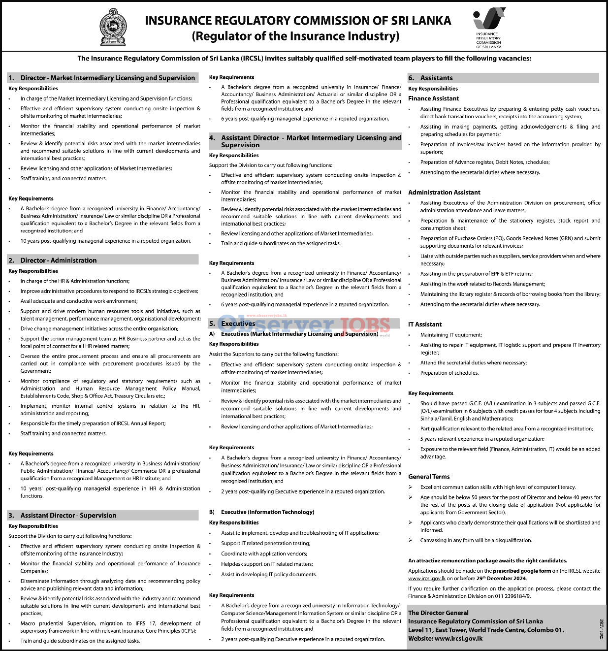 Director, Assistant Director, Executive, Finance Assistant, Administration Assistant, IT Assistant - Insurance Regulatory Commission of Sri Lanka