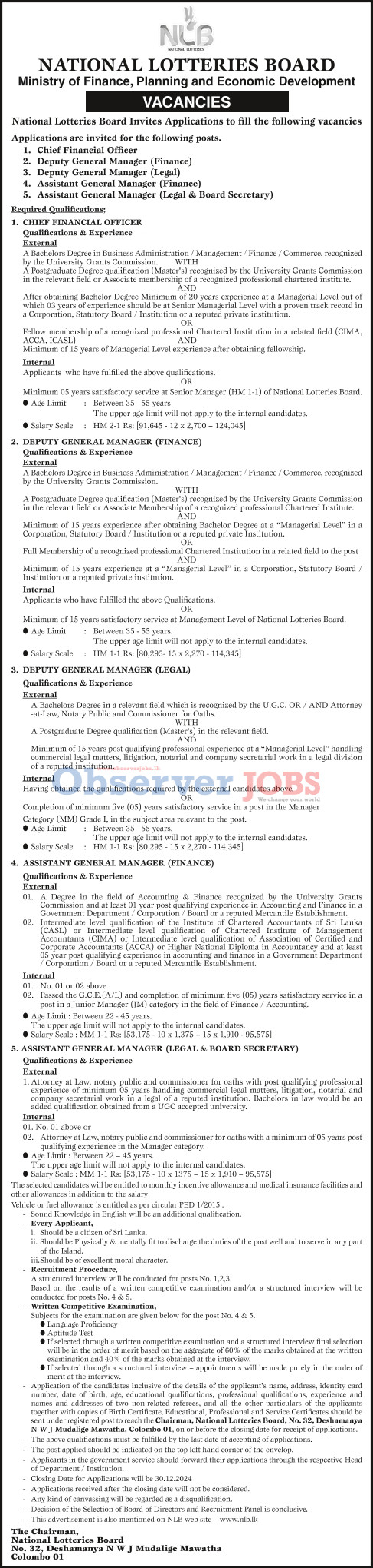 Chief Financial Officer, Deputy Manager (Finance, Legal), Assistant General Manager (Finance, Legal & Board Secretary) - National Lotteries Board