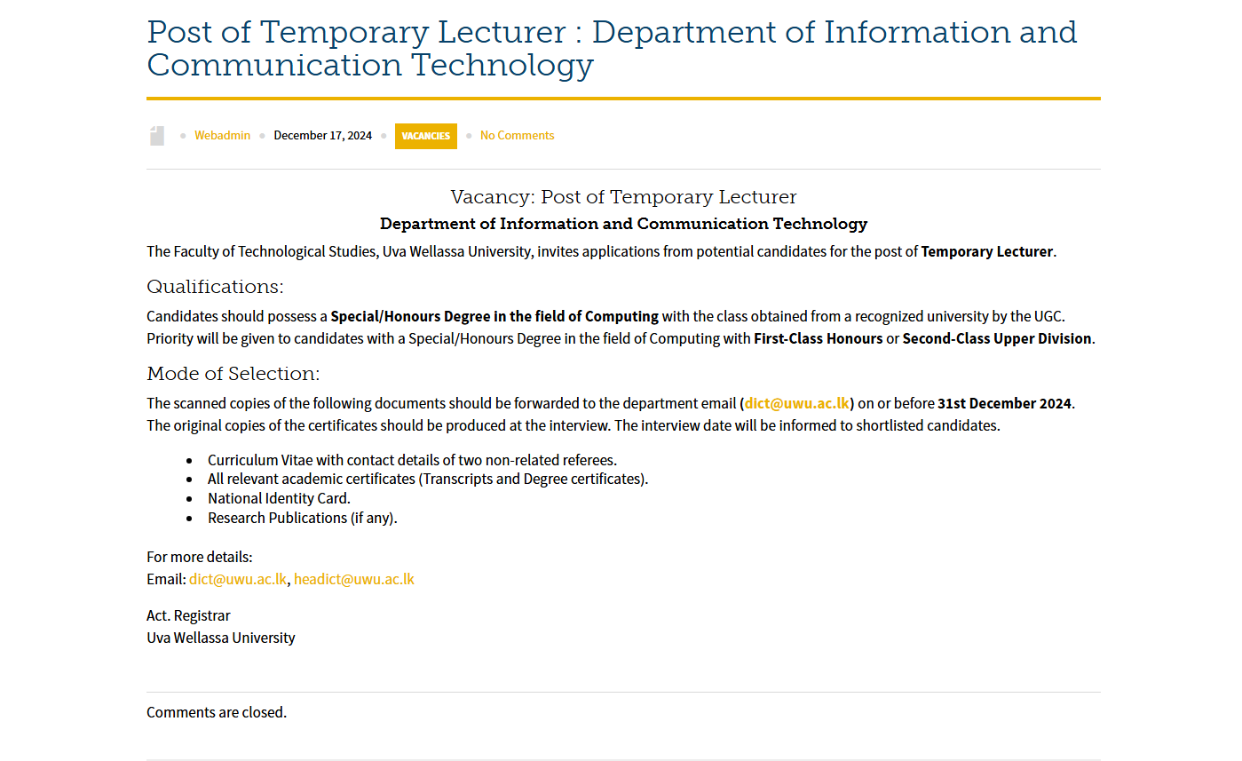 Temporary Lecturer - Uva Wellassa University