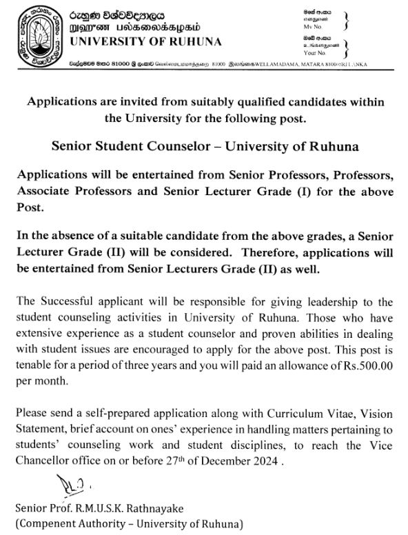 Senior Counselor - University of Ruhuna